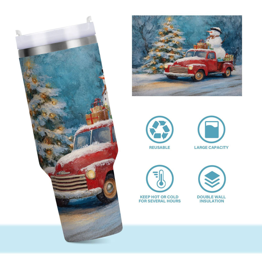 40 oz Insulated Stainless Steel Tumbler Double Wall Stainless Steel Tumbler with 2-Way Drinking Christmas Snowman in A Red Truck - 6D5B