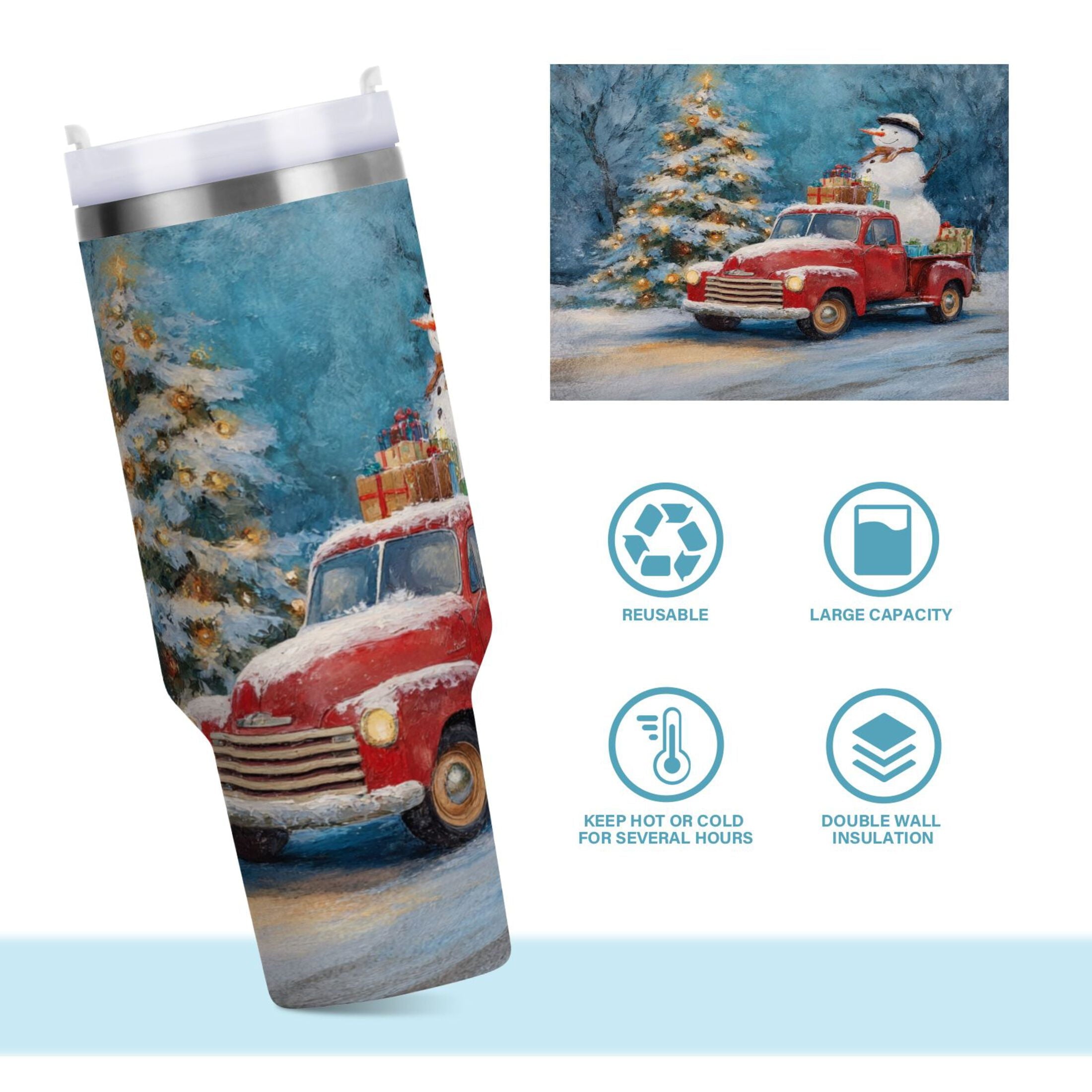40 oz Insulated Stainless Steel Tumbler Double Wall Stainless Steel Tumbler with 2-Way Drinking Christmas Snowman in A Red Truck - 6D5B