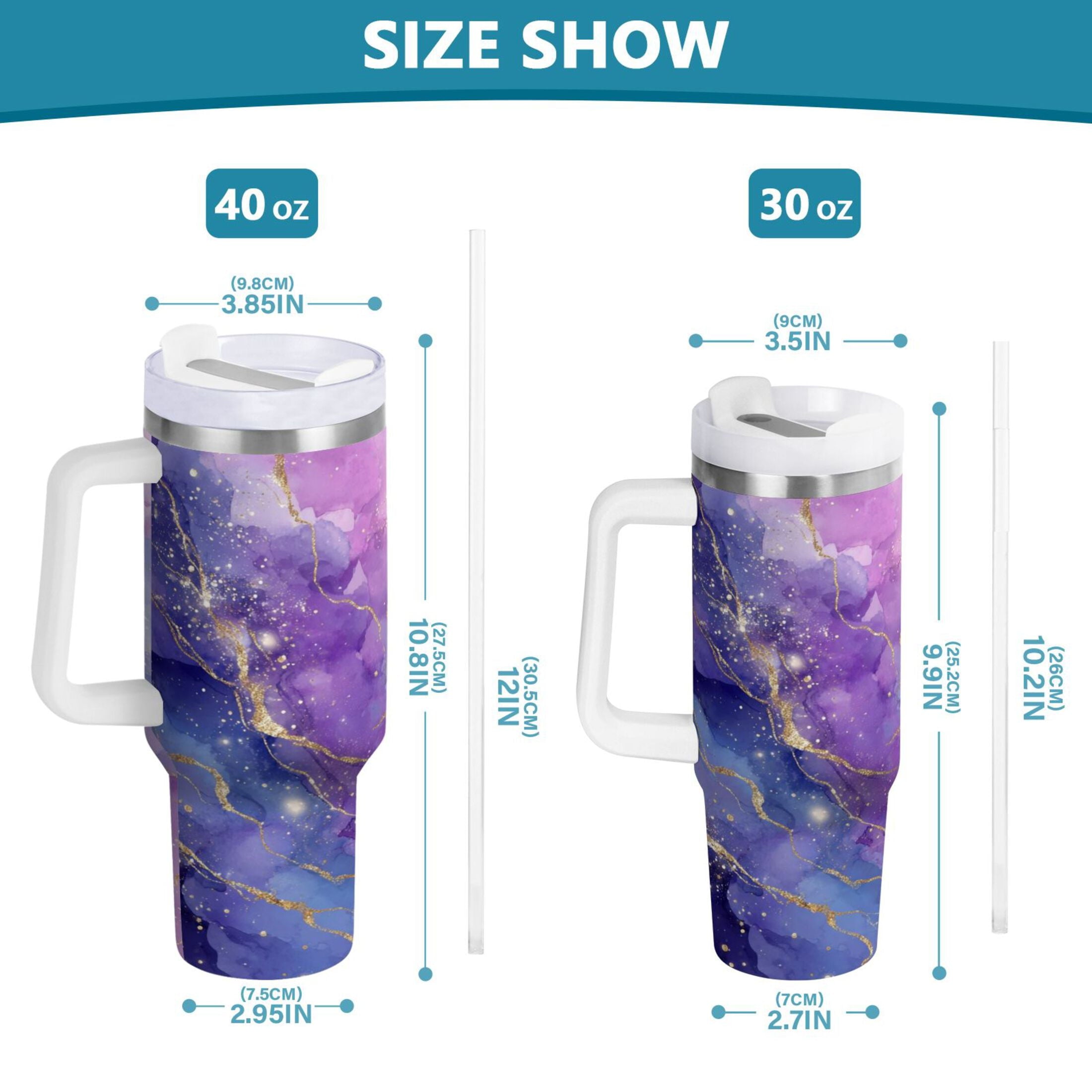 40 oz Insulated Stainless Steel Tumbler Double Wall Stainless Steel Tumbler with 2-Way Drinking Pink and Blue Marble Texture - H3HZ