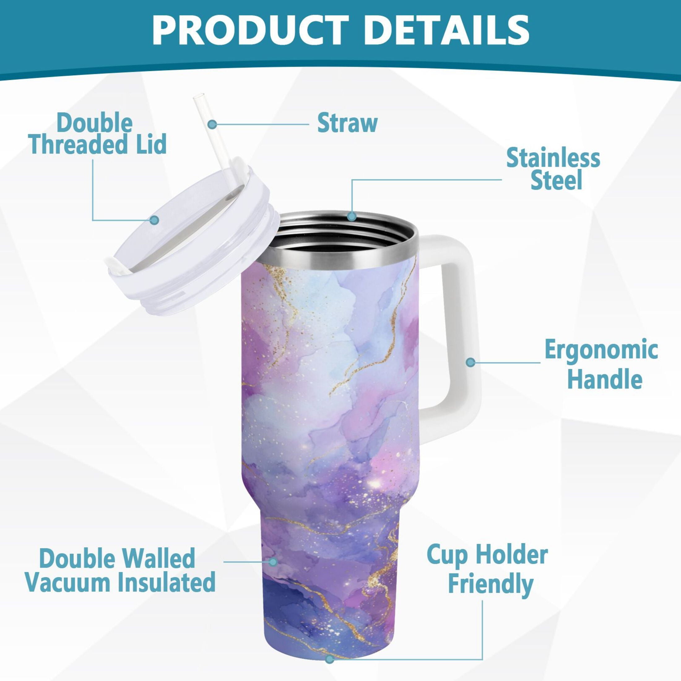 40 oz Insulated Stainless Steel Tumbler Double Wall Stainless Steel Tumbler with 2-Way Drinking Pink and Blue Marble Texture - H3HZ
