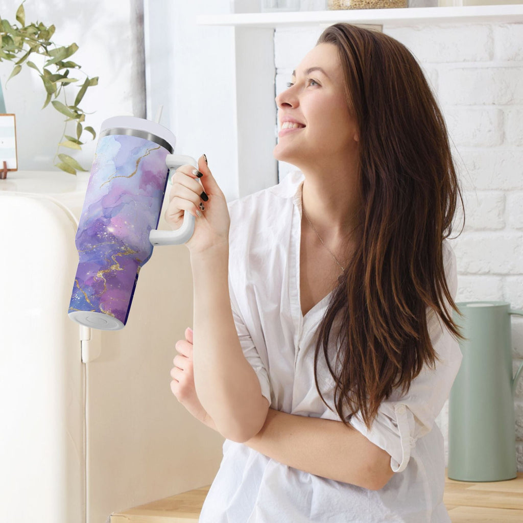 40 oz Insulated Stainless Steel Tumbler Double Wall Stainless Steel Tumbler with 2-Way Drinking Pink and Blue Marble Texture - H3HZ