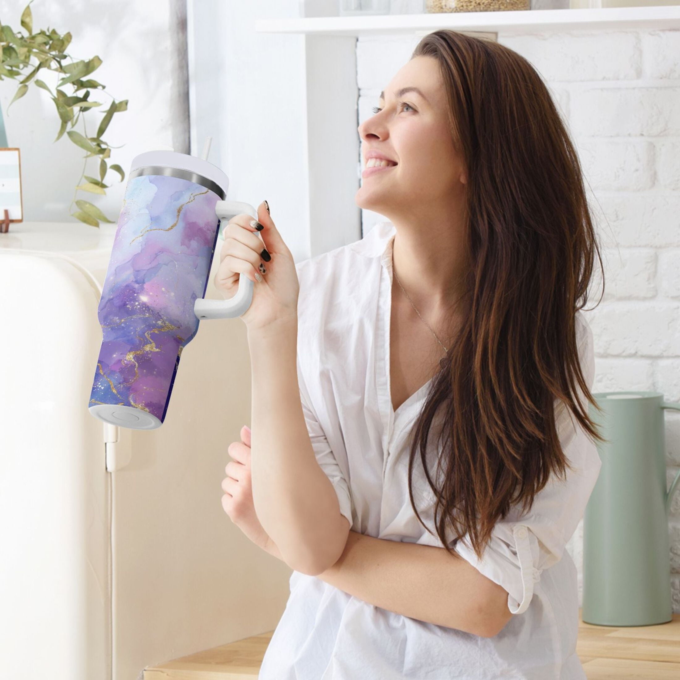 40 oz Insulated Stainless Steel Tumbler Double Wall Stainless Steel Tumbler with 2-Way Drinking Pink and Blue Marble Texture - H3HZ