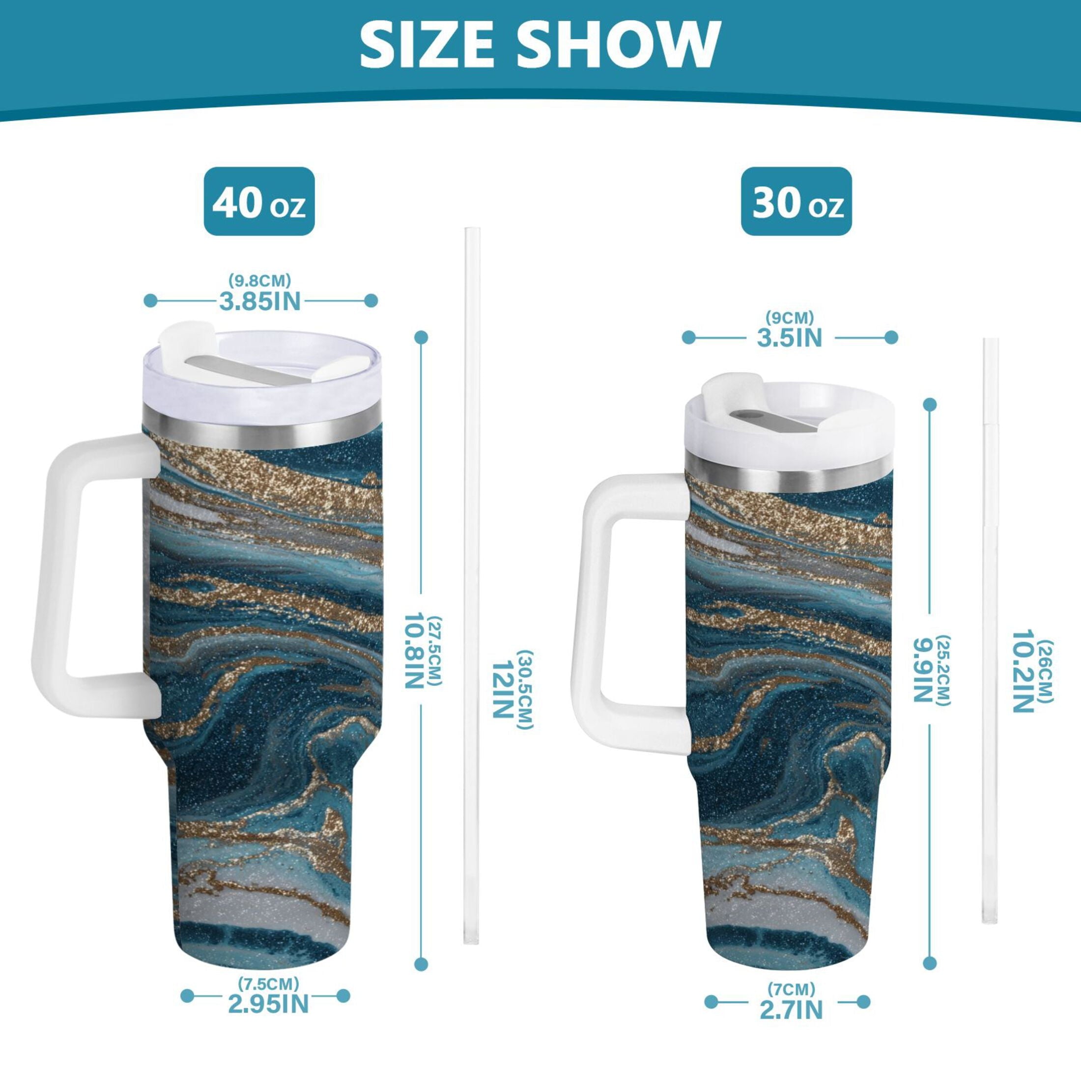 30 oz Insulated Stainless Steel Tumbler Double Wall Stainless Steel Tumbler with 2-Way Drinking Blue and Gold Swirling - 97J3