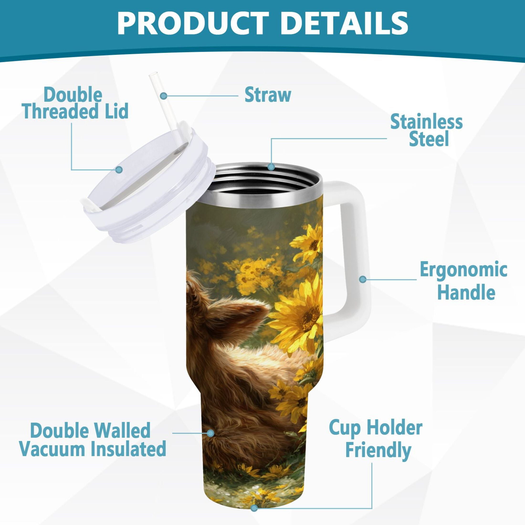 40 oz Insulated Stainless Steel Tumbler Double Wall Stainless Steel Tumbler with 2-Way Drinking Cow Lying in Sunflowers - GKZT