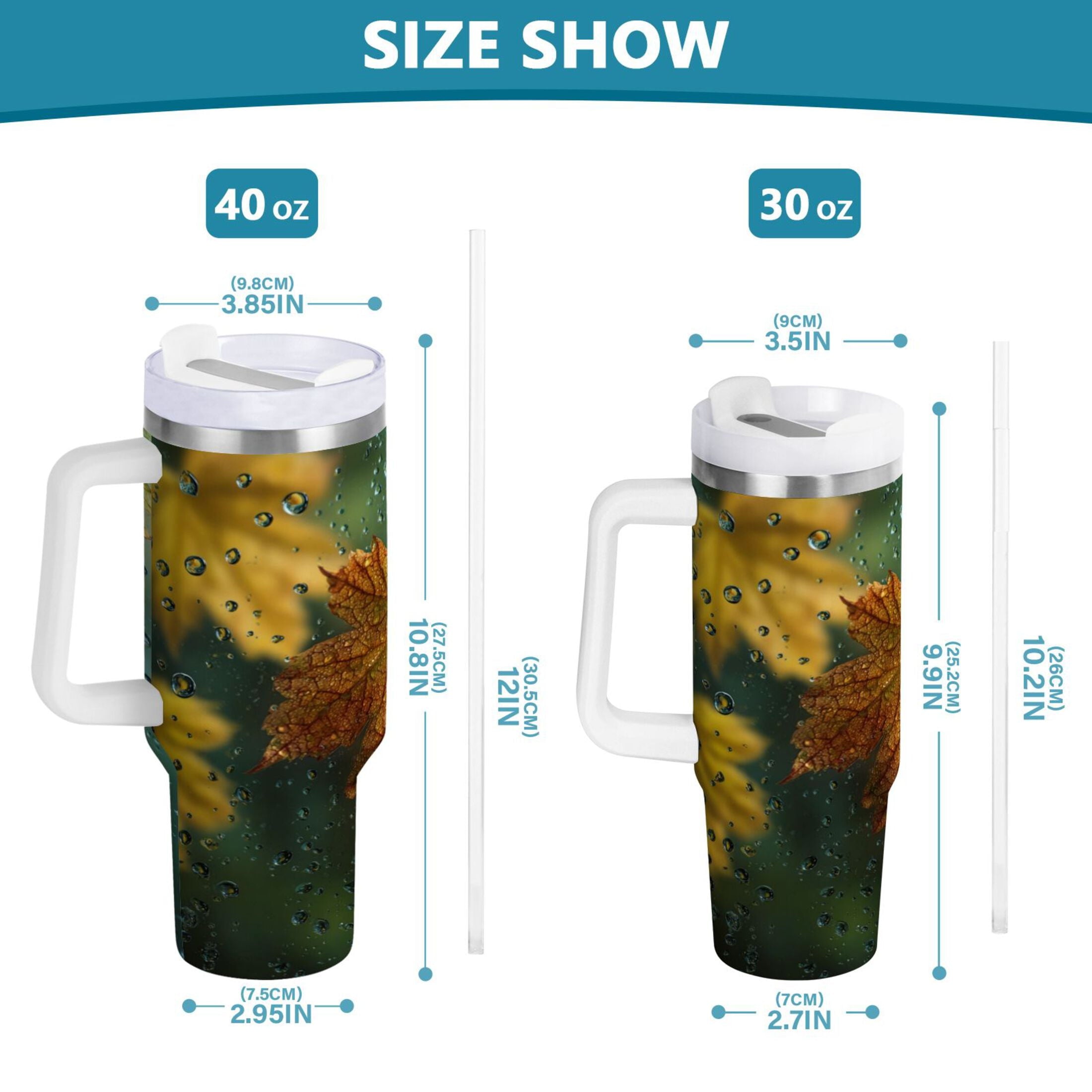 30 oz Insulated Stainless Steel Tumbler Double Wall Stainless Steel Tumbler with 2-Way Drinking Leaves with Water Droplets - AWJL
