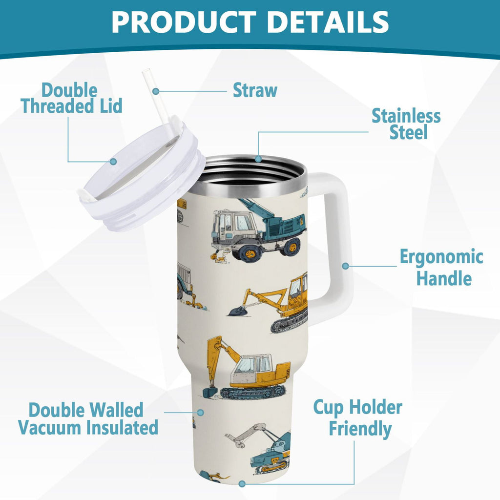 30 oz Insulated Stainless Steel Tumbler Double Wall Stainless Steel Tumbler with 2-Way Drinking Engineering Vehicle Pattern - VZVR