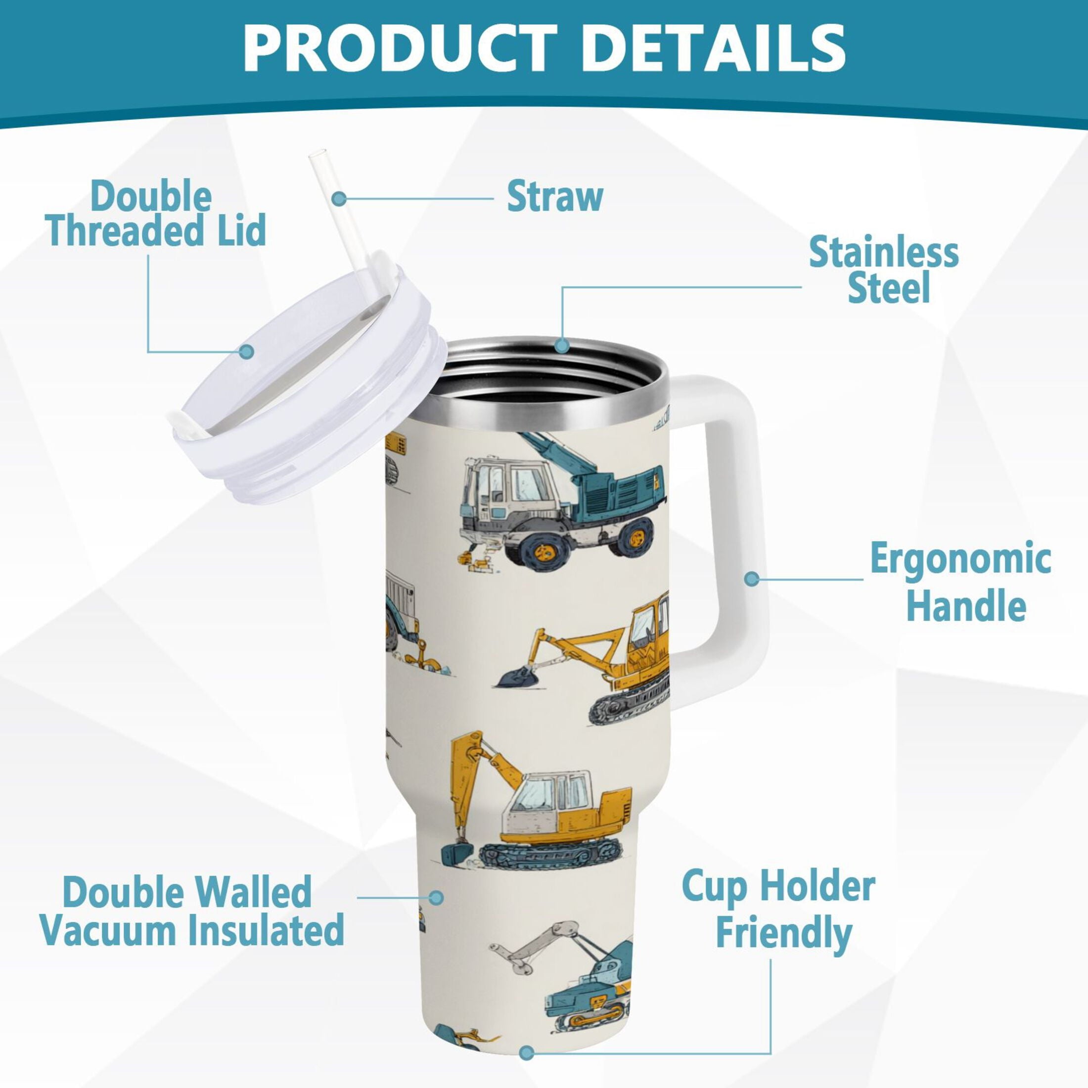 30 oz Insulated Stainless Steel Tumbler Double Wall Stainless Steel Tumbler with 2-Way Drinking Engineering Vehicle Pattern - VZVR