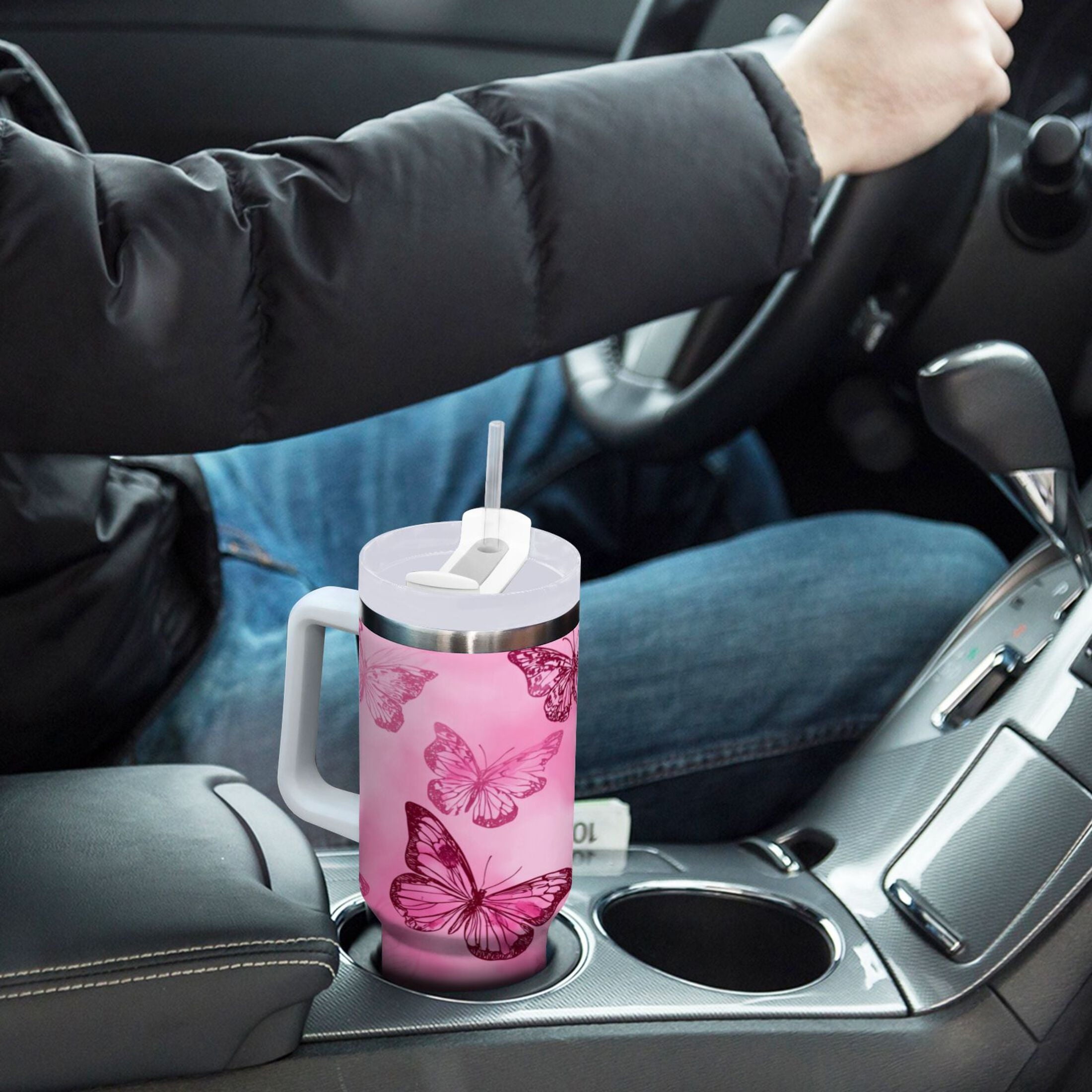 40 oz Insulated Stainless Steel Tumbler Double Wall Stainless Steel Tumbler with 2-Way Drinking Pink Butterfly Pattern - 4WAU