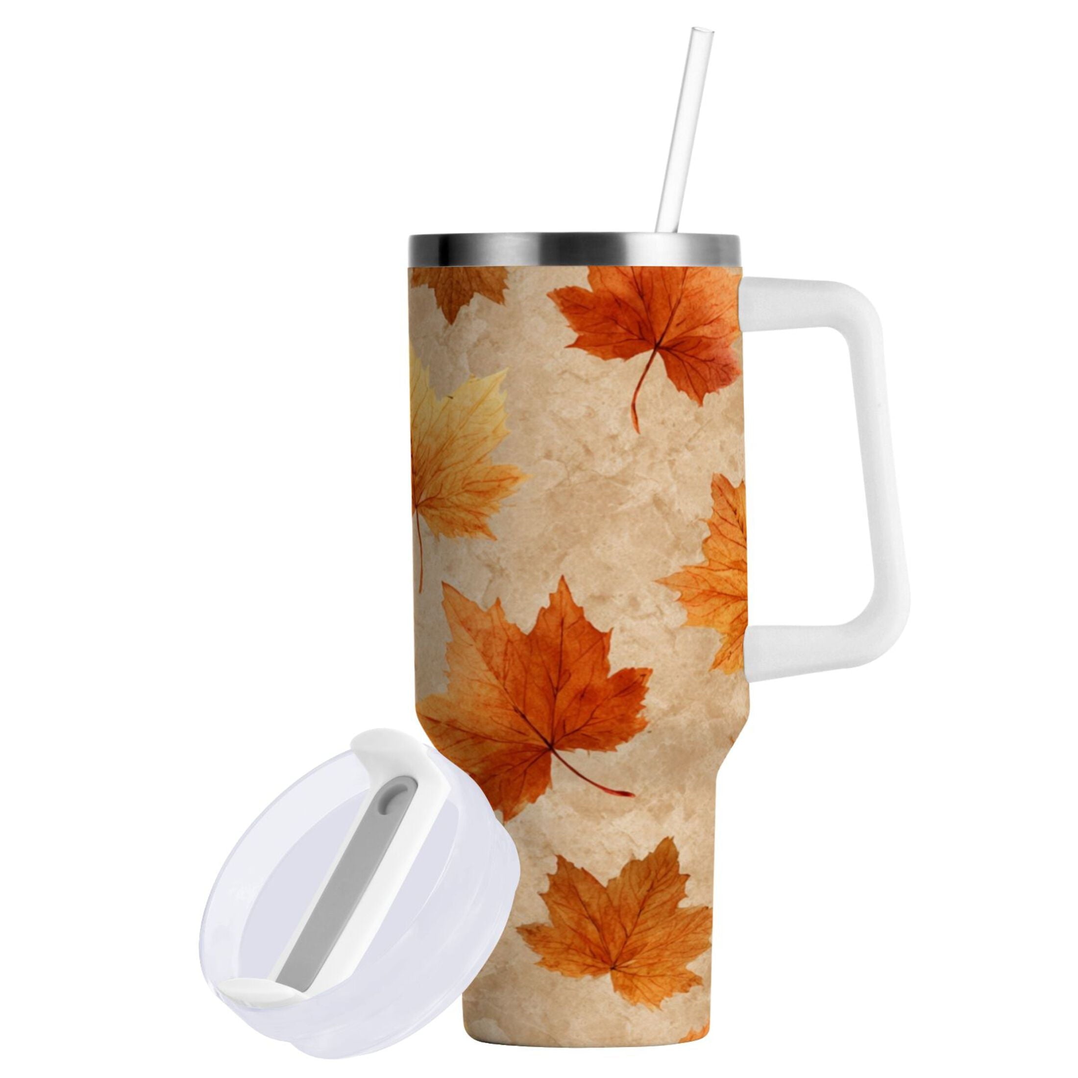 40 oz Insulated Stainless Steel Tumbler Double Wall Stainless Steel Tumbler with 2-Way Drinking Orange Autumn Leaves Pattern - TTCC