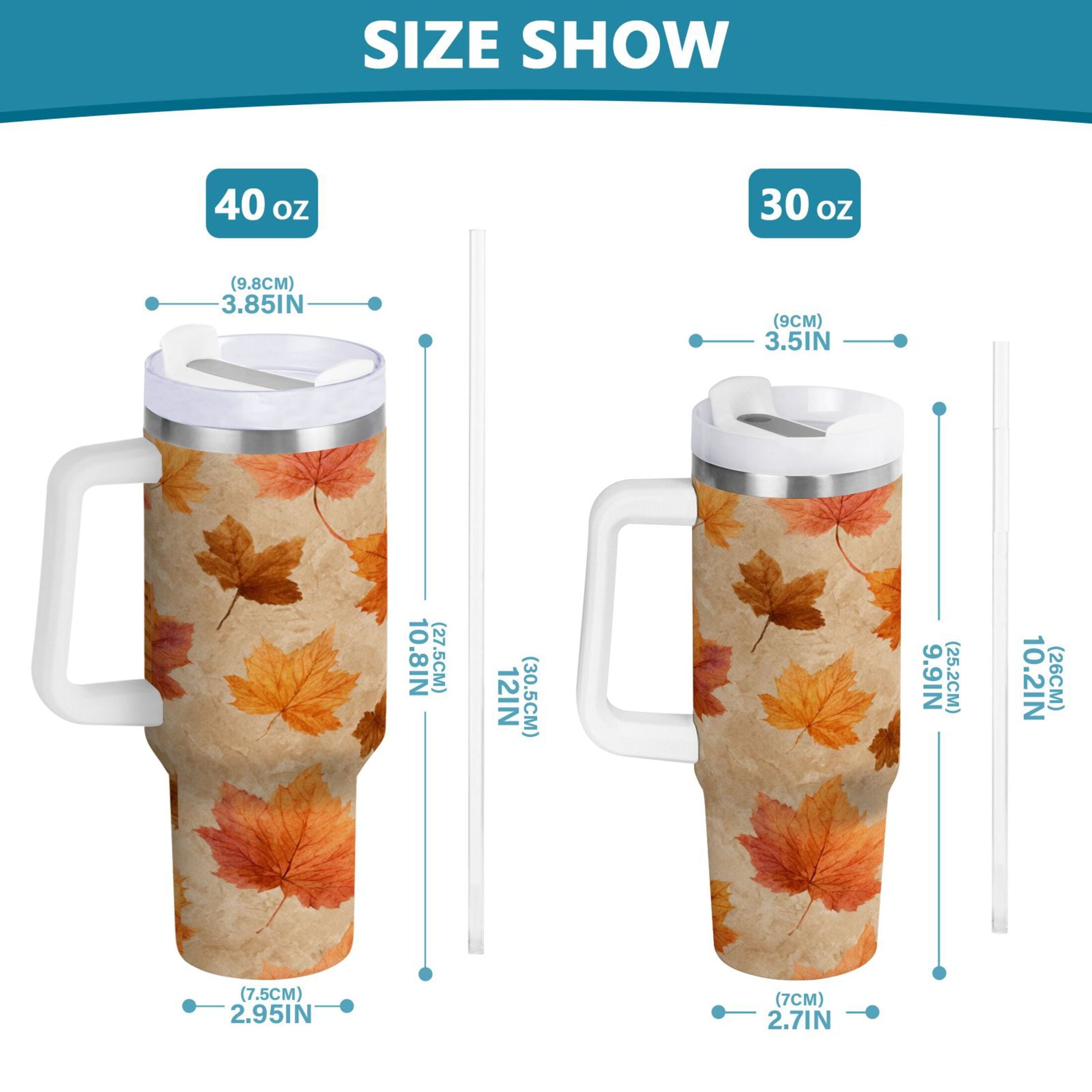 40 oz Insulated Stainless Steel Tumbler Double Wall Stainless Steel Tumbler with 2-Way Drinking Orange Autumn Leaves Pattern - TTCC