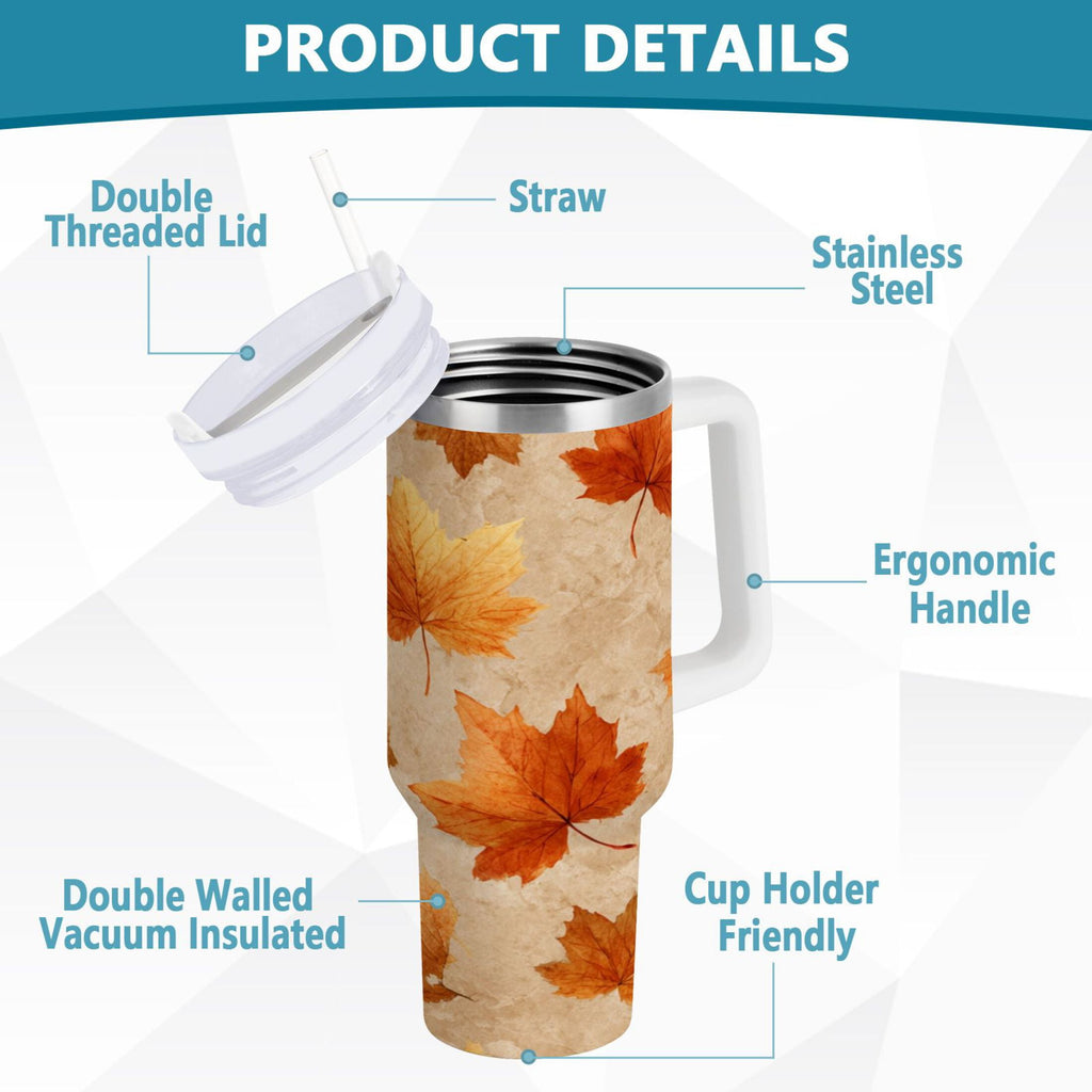 40 oz Insulated Stainless Steel Tumbler Double Wall Stainless Steel Tumbler with 2-Way Drinking Orange Autumn Leaves Pattern - TTCC
