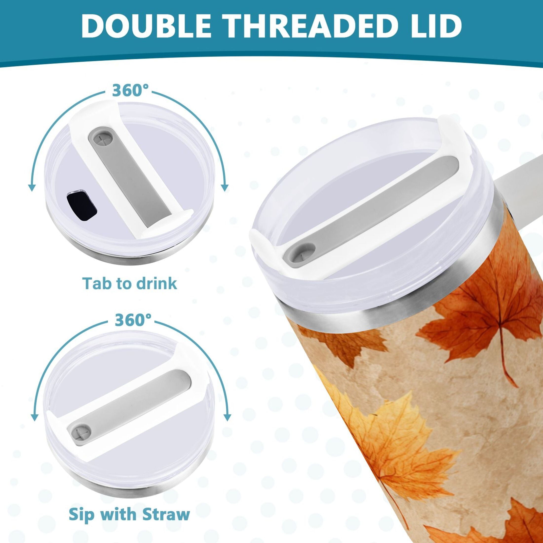 40 oz Insulated Stainless Steel Tumbler Double Wall Stainless Steel Tumbler with 2-Way Drinking Orange Autumn Leaves Pattern - TTCC