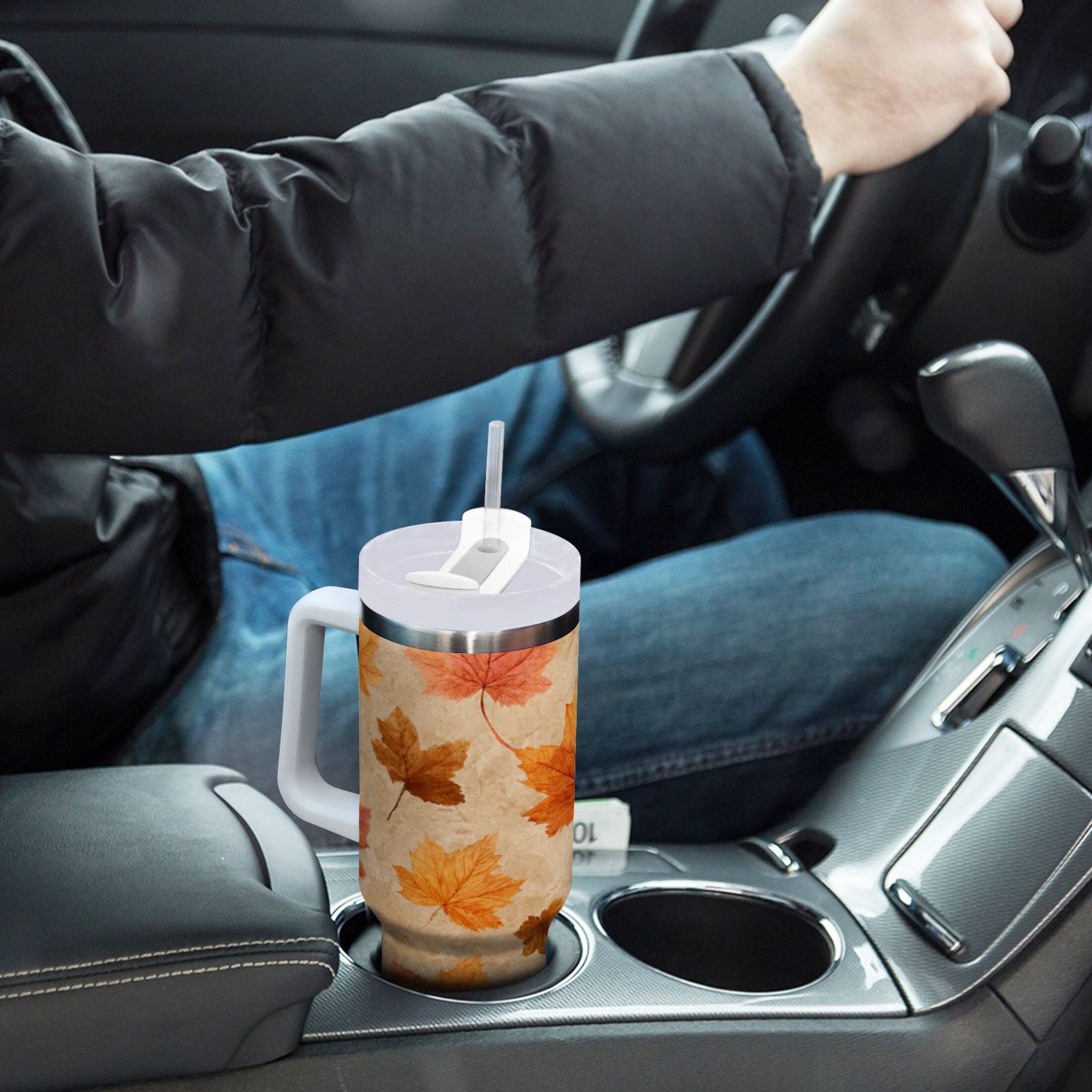 40 oz Insulated Stainless Steel Tumbler Double Wall Stainless Steel Tumbler with 2-Way Drinking Orange Autumn Leaves Pattern - TTCC