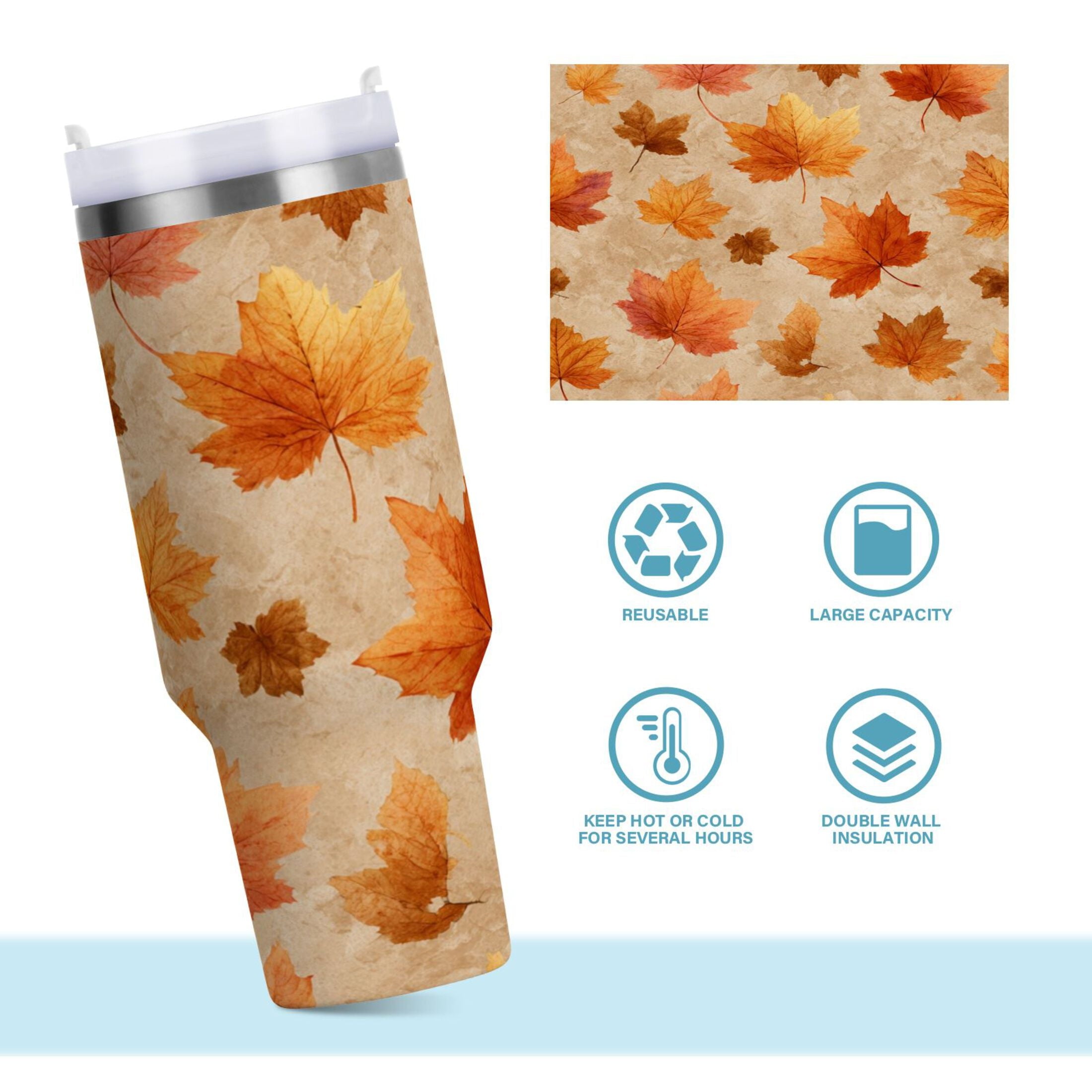40 oz Insulated Stainless Steel Tumbler Double Wall Stainless Steel Tumbler with 2-Way Drinking Orange Autumn Leaves Pattern - TTCC
