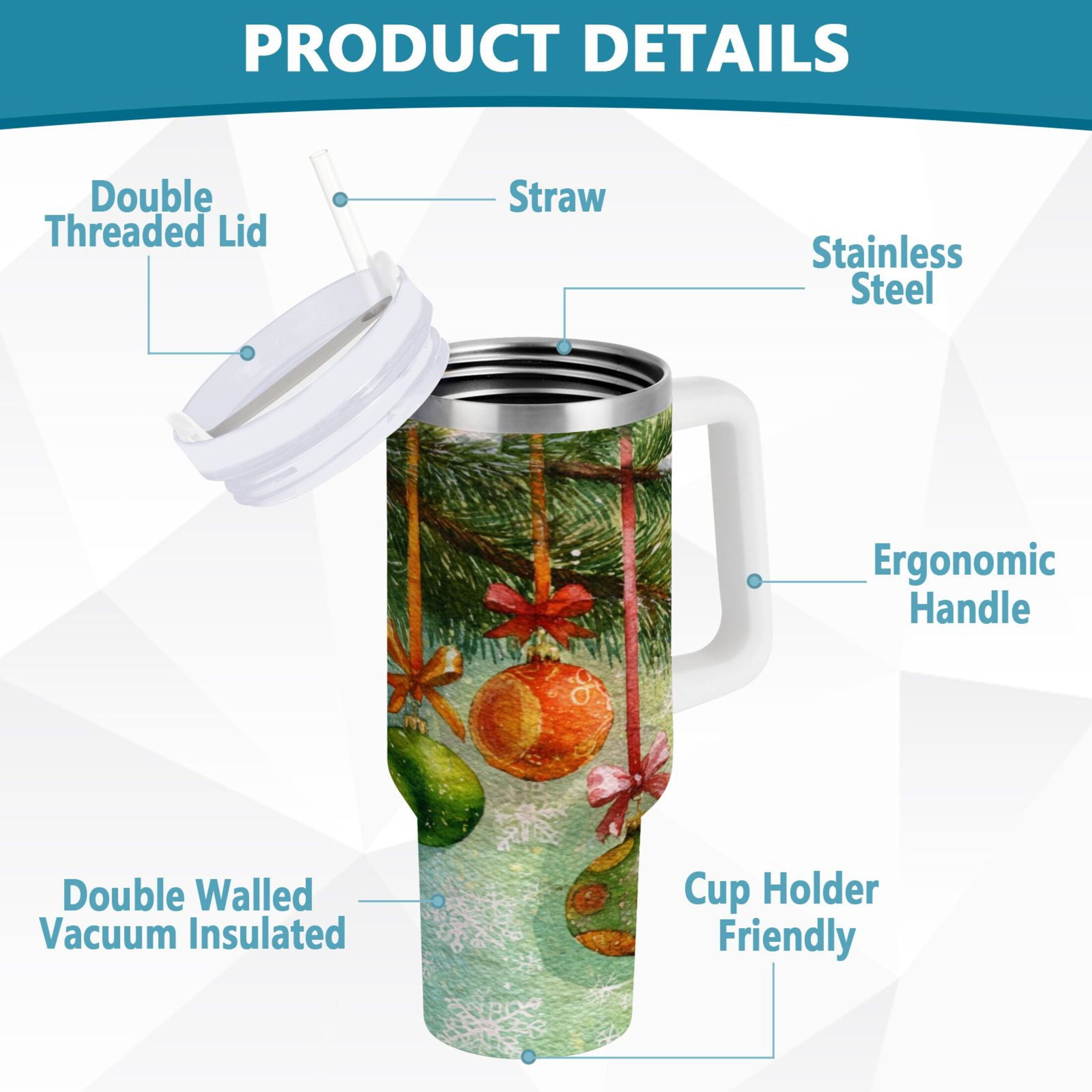 30 oz Insulated Stainless Steel Tumbler Double Wall Stainless Steel Tumbler with 2-Way Drinking Christmas Ornaments Watercolor Painting - 9MZY