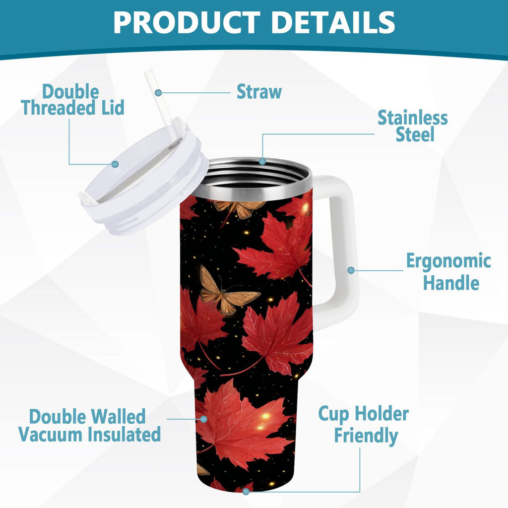 40 oz Insulated Stainless Steel Tumbler Double Wall Stainless Steel Tumbler with 2-Way Drinking Maple Leaves and Fireflies - 36E9