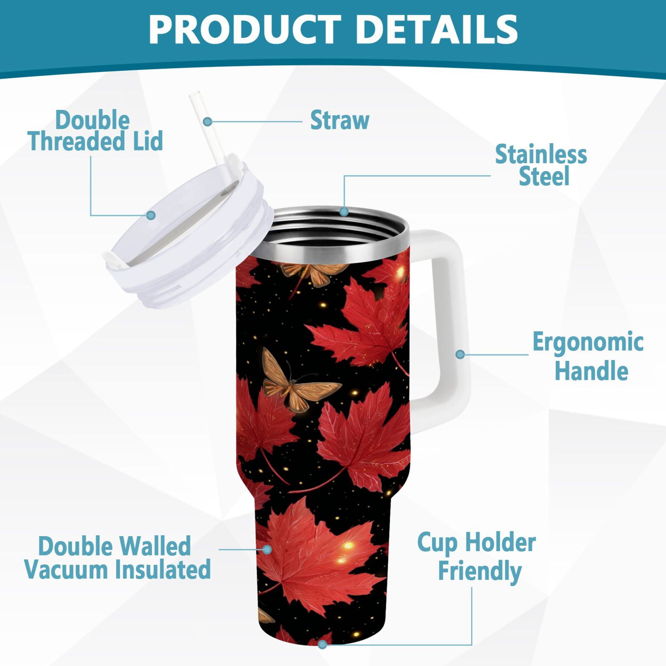 40 oz Insulated Stainless Steel Tumbler Double Wall Stainless Steel Tumbler with 2-Way Drinking Maple Leaves and Fireflies - 36E9