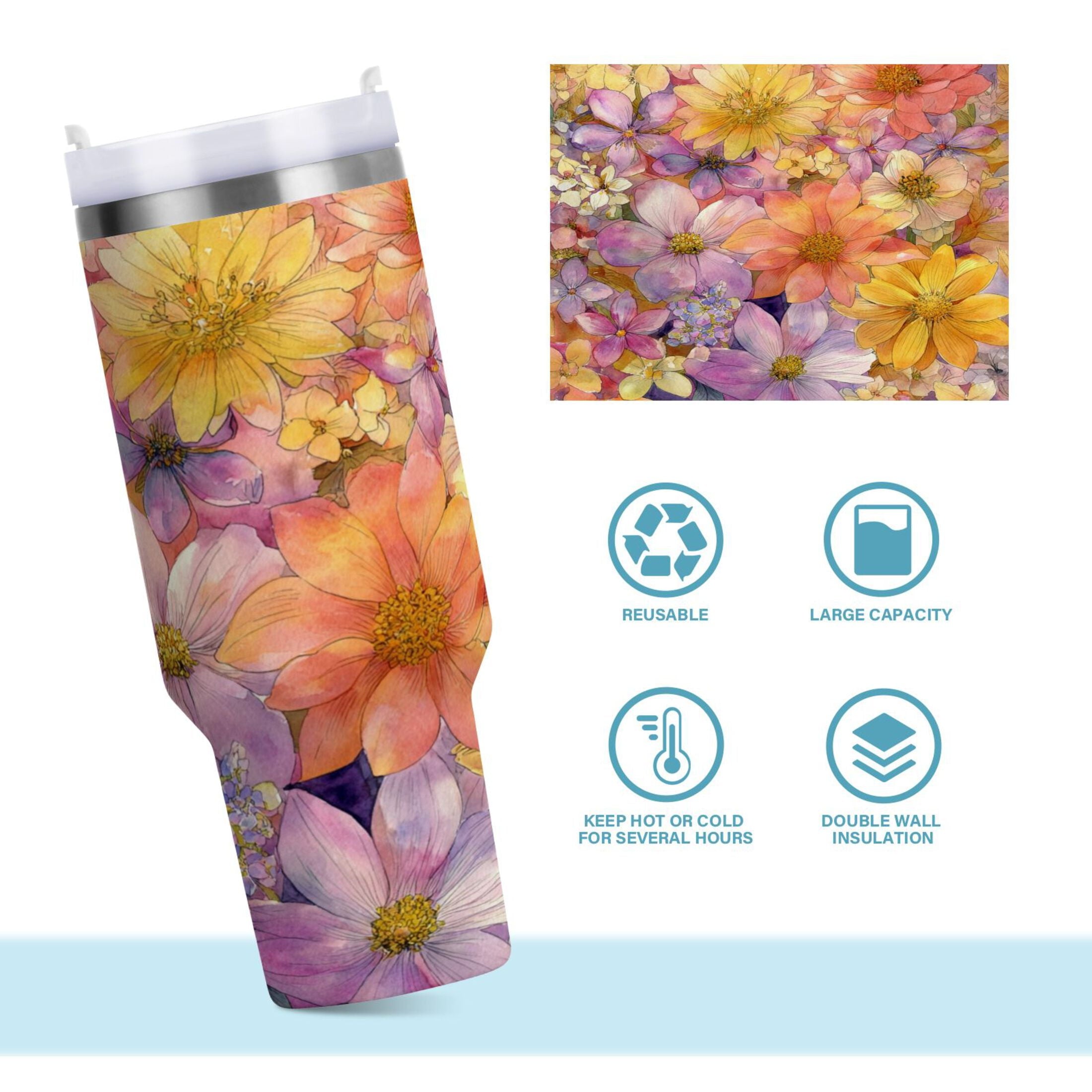 30 oz Insulated Stainless Steel Tumbler Double Wall Stainless Steel Tumbler with 2-Way Drinking Summer Blossoms - ZD7V