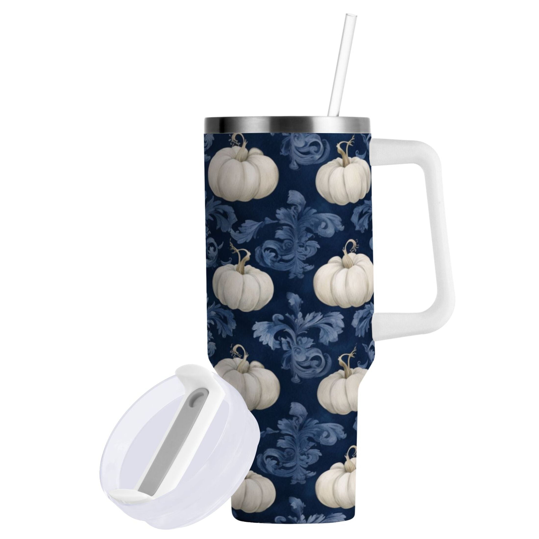 30 oz Insulated Stainless Steel Tumbler Double Wall Stainless Steel Tumbler with 2-Way Drinking Watercolor White Pumpkins - DNFY