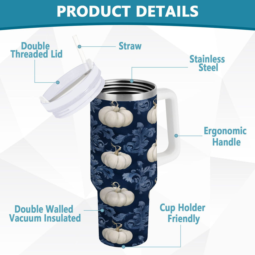 30 oz Insulated Stainless Steel Tumbler Double Wall Stainless Steel Tumbler with 2-Way Drinking Watercolor White Pumpkins - DNFY
