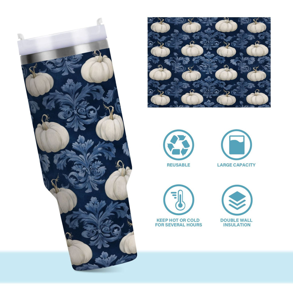 30 oz Insulated Stainless Steel Tumbler Double Wall Stainless Steel Tumbler with 2-Way Drinking Watercolor White Pumpkins - DNFY