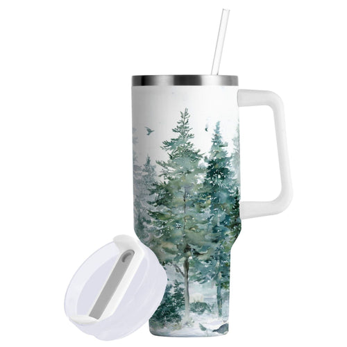 30 oz Insulated Stainless Steel Tumbler Double Wall Stainless Steel Tumbler with 2-Way Drinking Green Snowy Forest Scene - TVSW