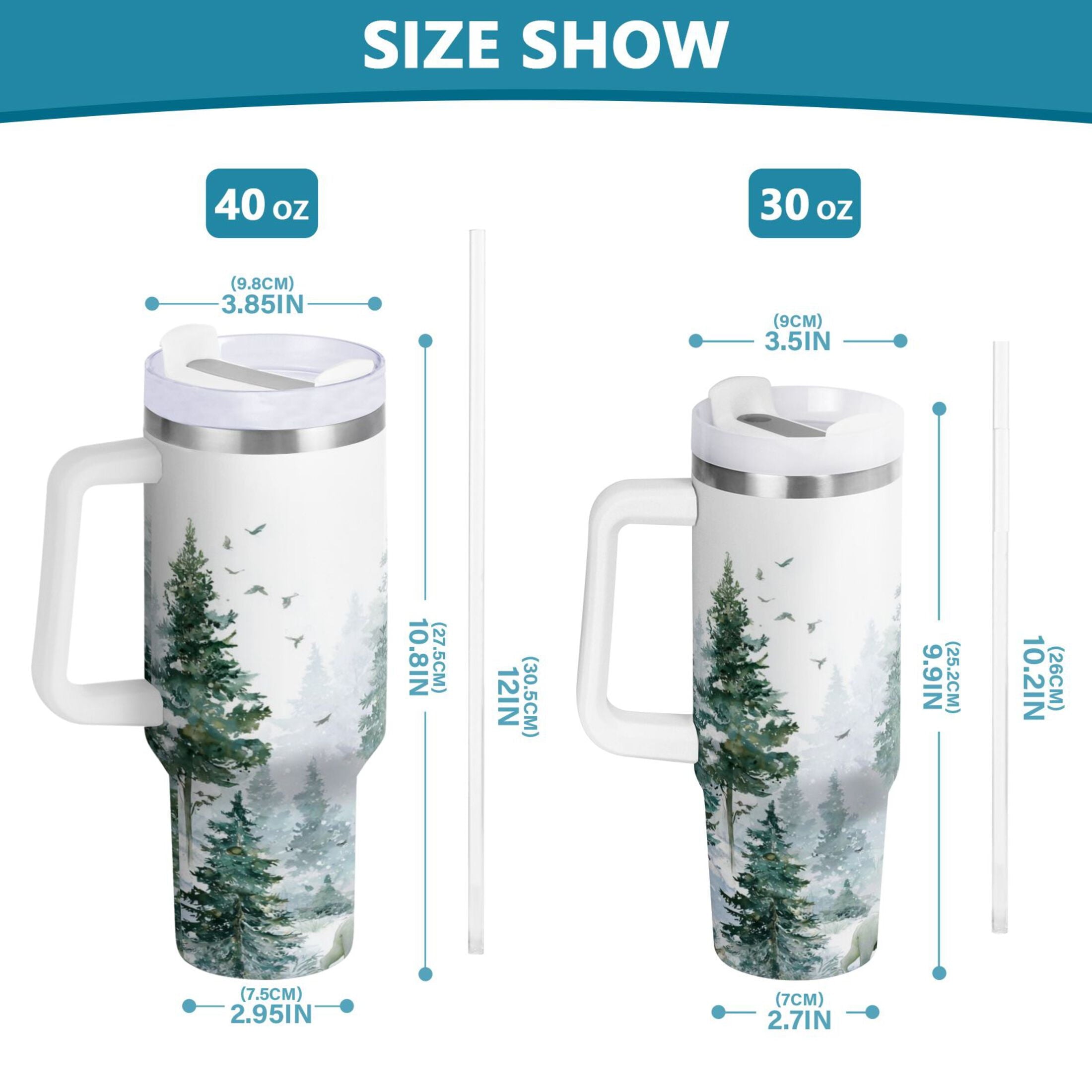 30 oz Insulated Stainless Steel Tumbler Double Wall Stainless Steel Tumbler with 2-Way Drinking Green Snowy Forest Scene - TVSW