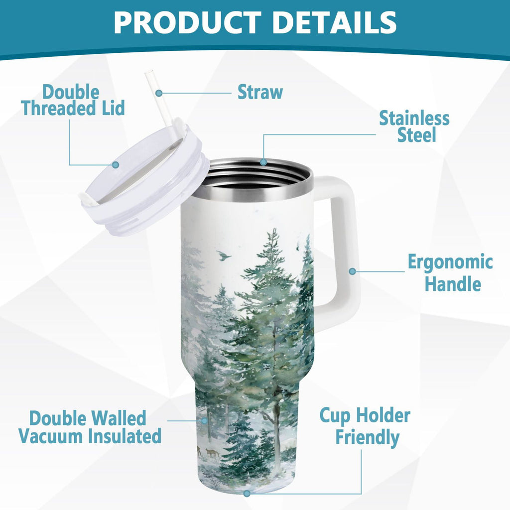 30 oz Insulated Stainless Steel Tumbler Double Wall Stainless Steel Tumbler with 2-Way Drinking Green Snowy Forest Scene - TVSW