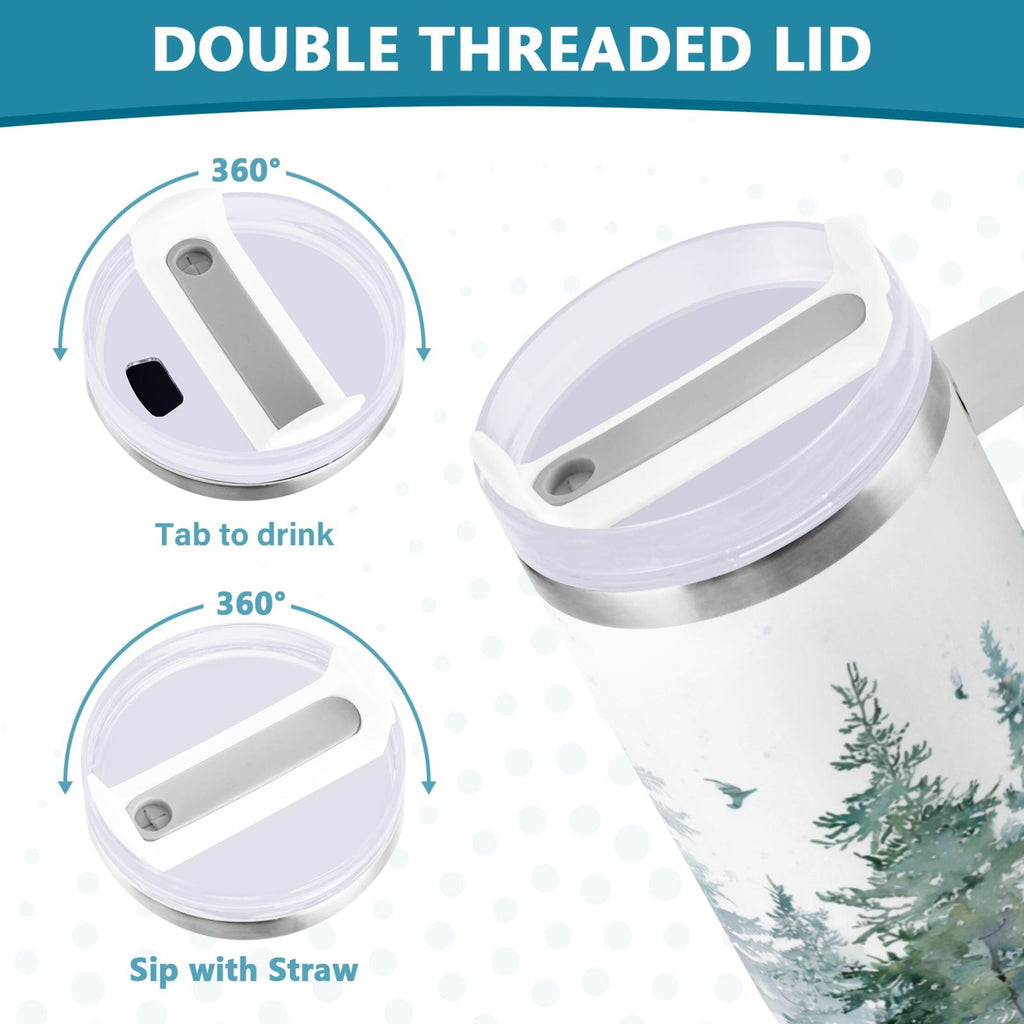 30 oz Insulated Stainless Steel Tumbler Double Wall Stainless Steel Tumbler with 2-Way Drinking Green Snowy Forest Scene - TVSW