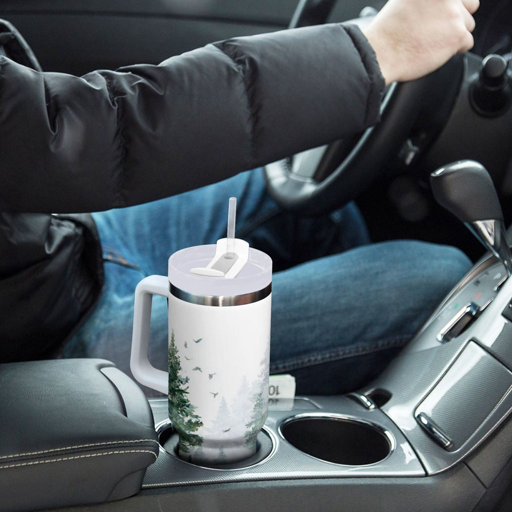 30 oz Insulated Stainless Steel Tumbler Double Wall Stainless Steel Tumbler with 2-Way Drinking Green Snowy Forest Scene - TVSW