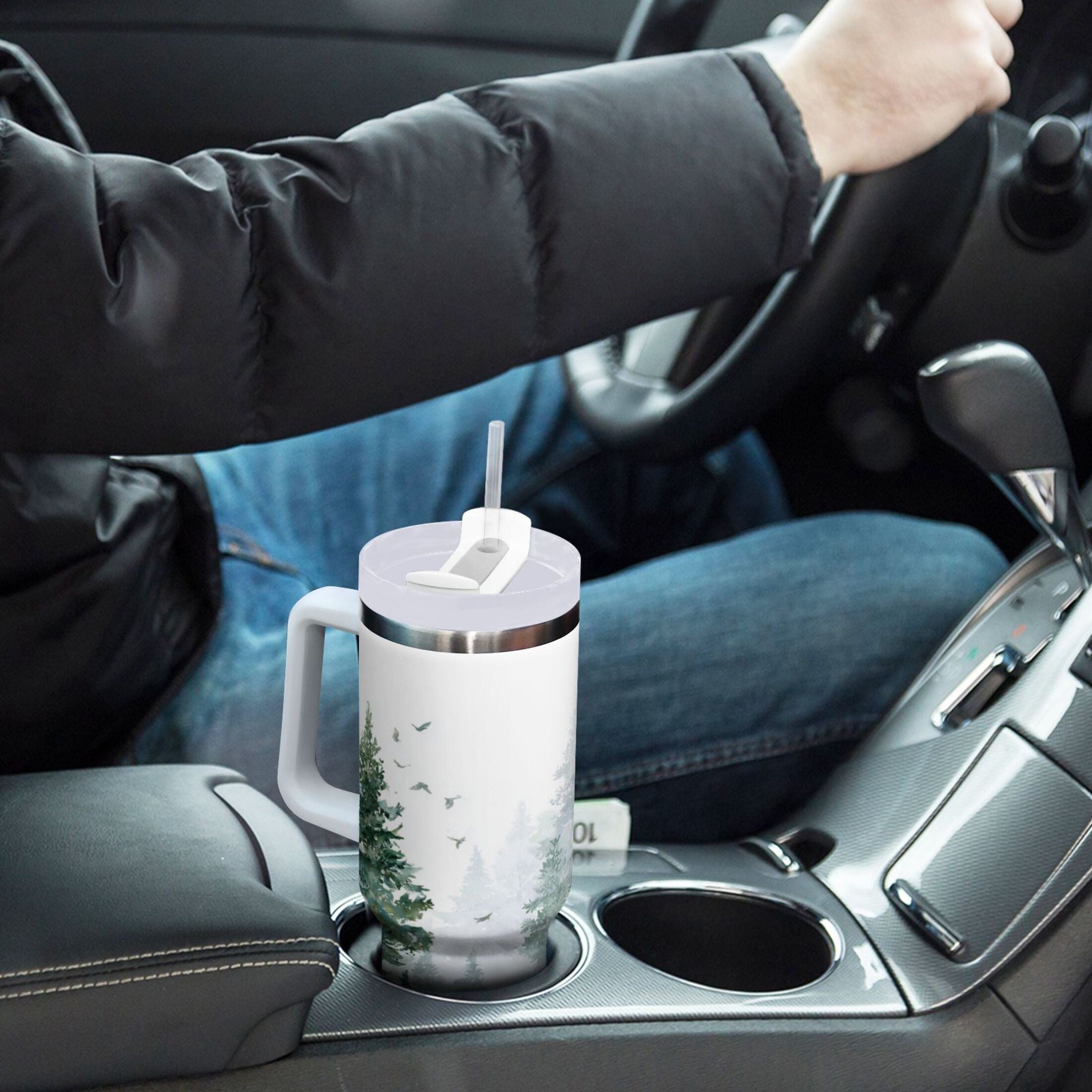 30 oz Insulated Stainless Steel Tumbler Double Wall Stainless Steel Tumbler with 2-Way Drinking Green Snowy Forest Scene - TVSW