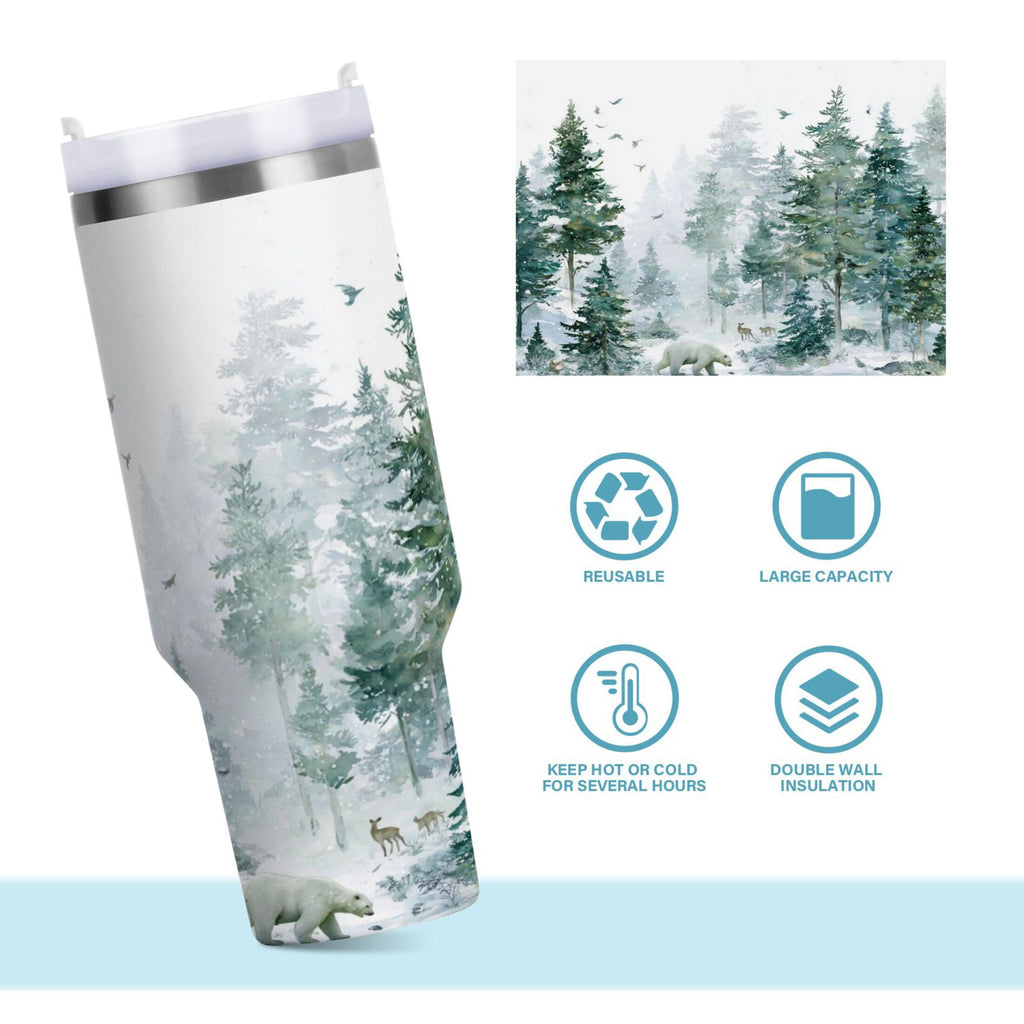 30 oz Insulated Stainless Steel Tumbler Double Wall Stainless Steel Tumbler with 2-Way Drinking Green Snowy Forest Scene - TVSW