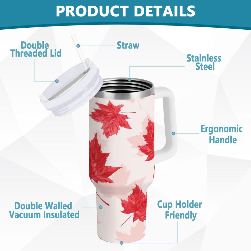 40 oz Insulated Stainless Steel Tumbler Double Wall Stainless Steel Tumbler with 2-Way Drinking Red Maple Leaves Pattern - MP6H