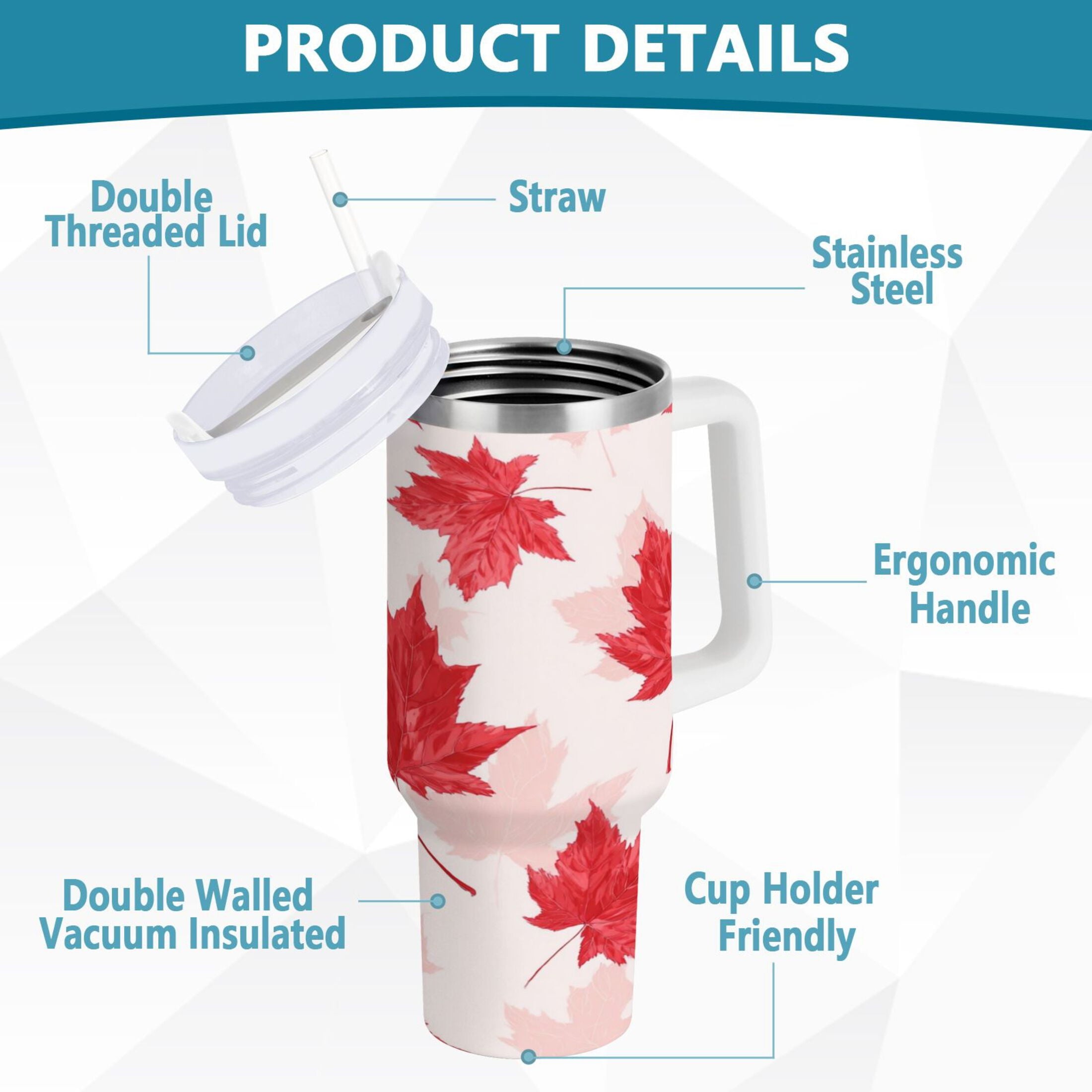 40 oz Insulated Stainless Steel Tumbler Double Wall Stainless Steel Tumbler with 2-Way Drinking Red Maple Leaves Pattern - MP6H