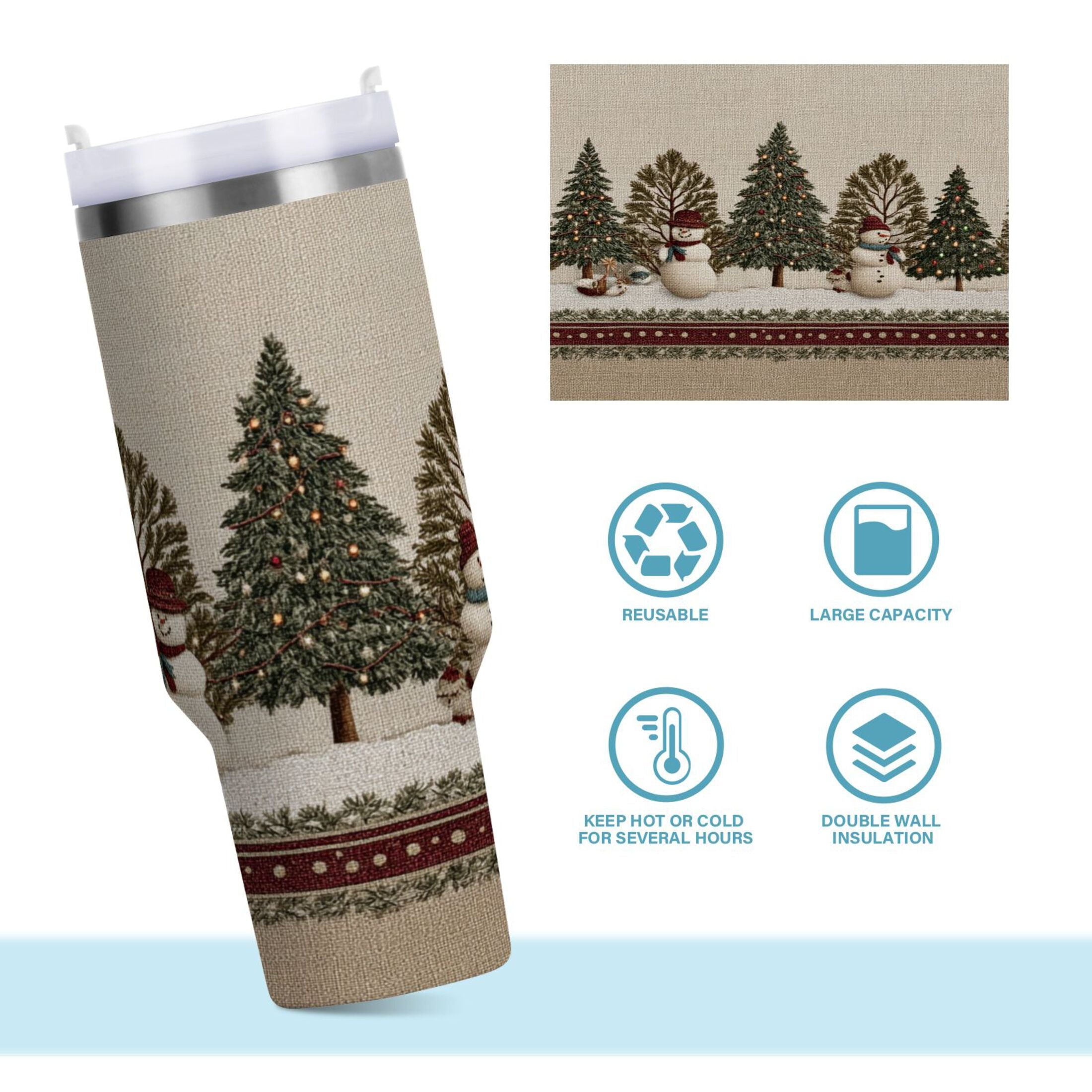 30 oz Insulated Stainless Steel Tumbler Double Wall Stainless Steel Tumbler with 2-Way Drinking Snowmen and Deer in The Forest - ENBF