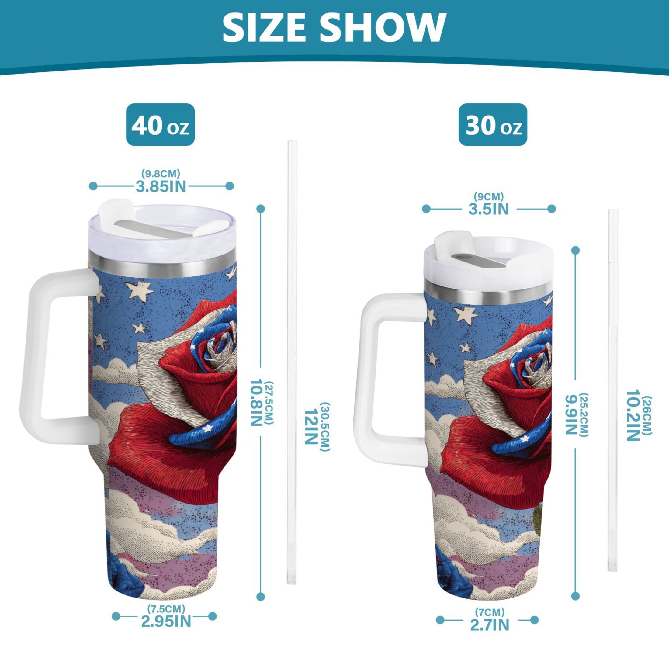 40 oz Insulated Stainless Steel Tumbler Double Wall Stainless Steel Tumbler with 2-Way Drinking Roses and Clouds - 95NT