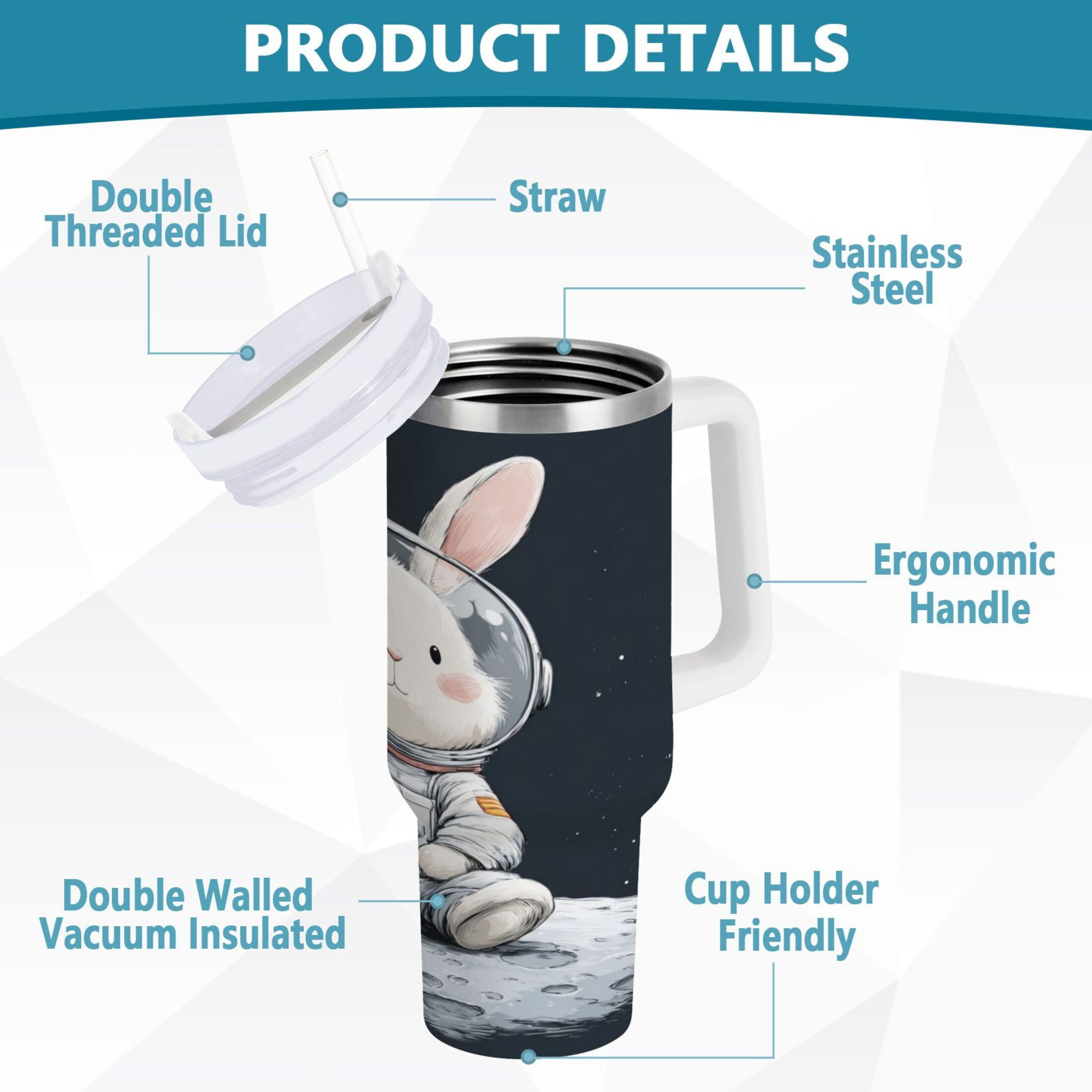 40 oz Insulated Stainless Steel Tumbler Double Wall Stainless Steel Tumbler with 2-Way Drinking Rabbit in A Space - N3QF