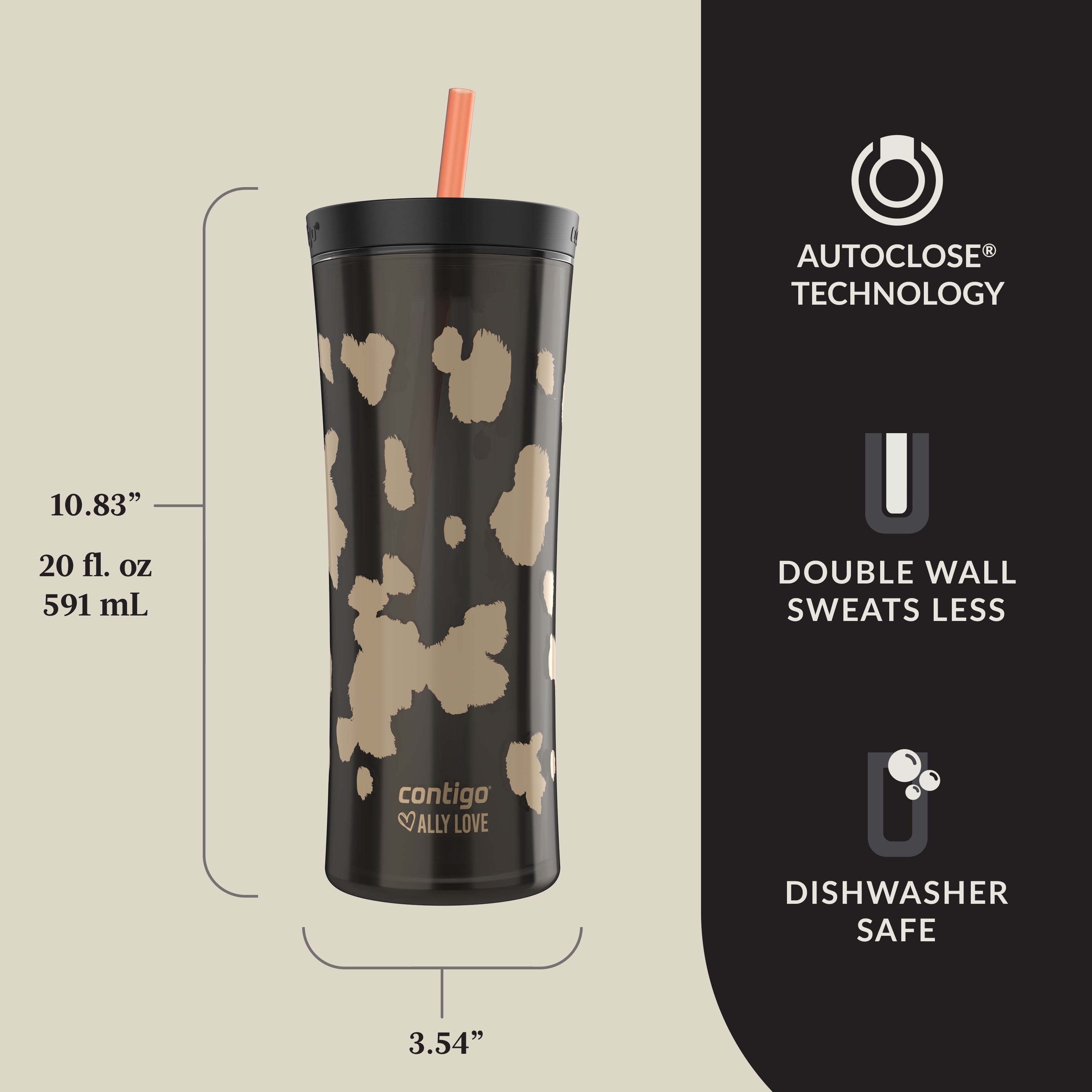 Contigo 20oz Shake &amp; Go Tumbler, Plastic with Straw, Licorice Cowhide Couture - 675A