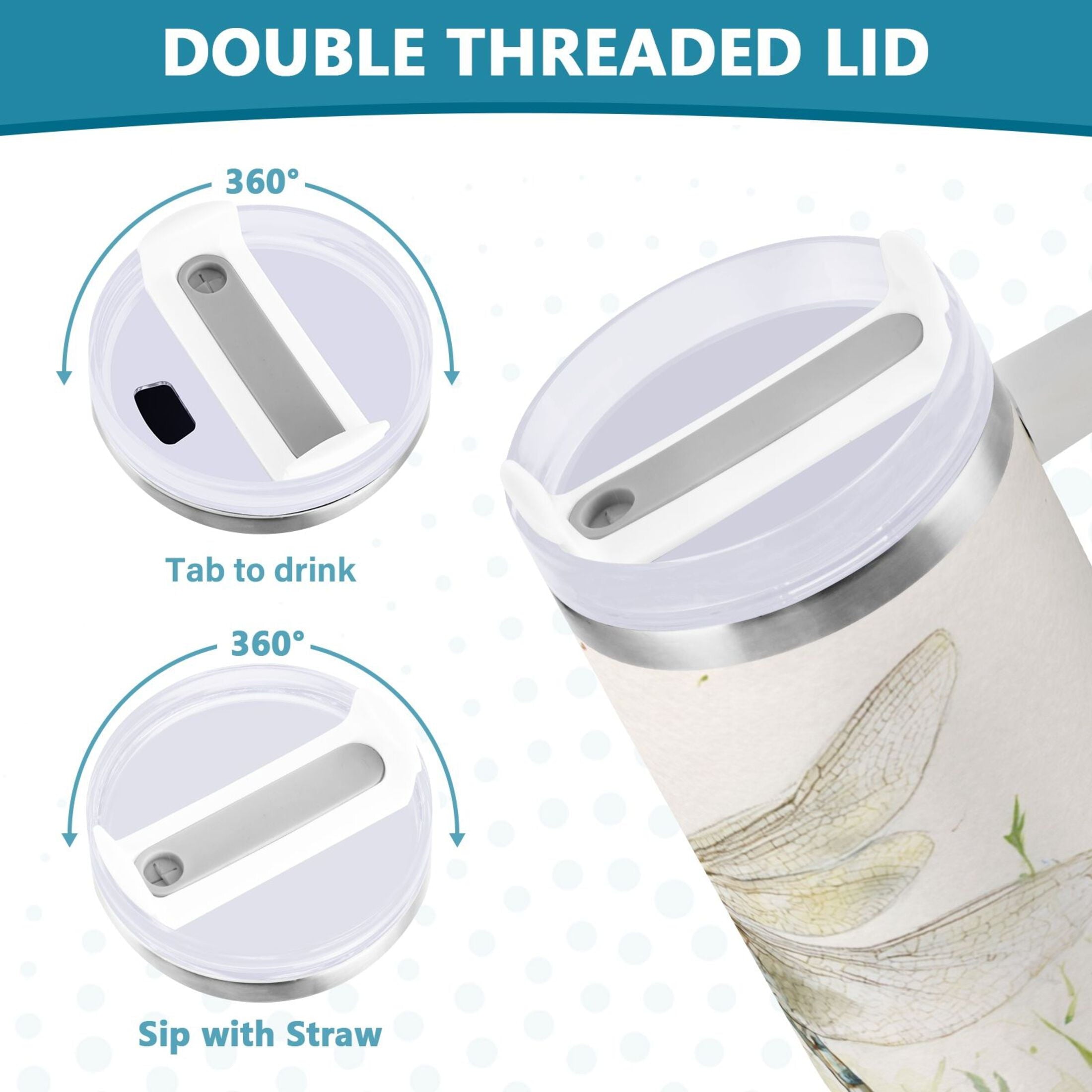 30 oz Insulated Stainless Steel Tumbler Double Wall Stainless Steel Tumbler with 2-Way Drinking Dragonflies with White Daisies - K9Q7