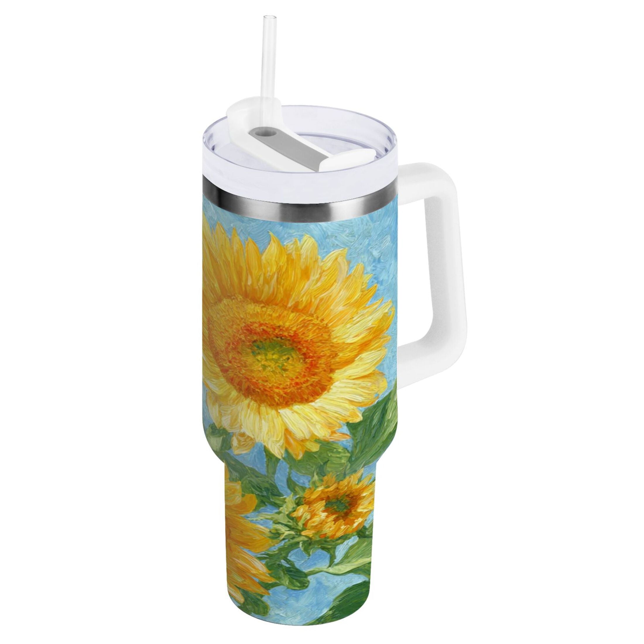 40 oz Insulated Stainless Steel Tumbler Double Wall Stainless Steel Tumbler with 2-Way Drinking Sunflower Oil Painting - HCFZ