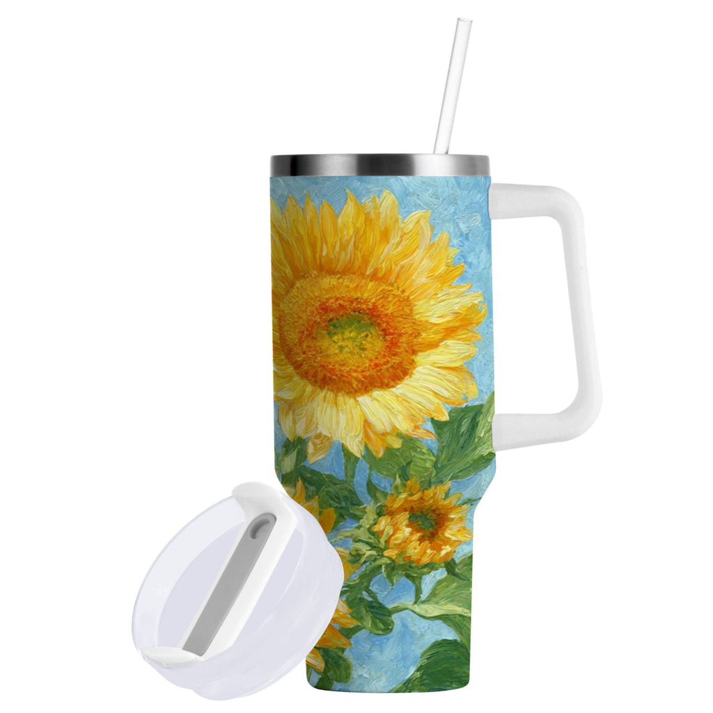 40 oz Insulated Stainless Steel Tumbler Double Wall Stainless Steel Tumbler with 2-Way Drinking Sunflower Oil Painting - HCFZ
