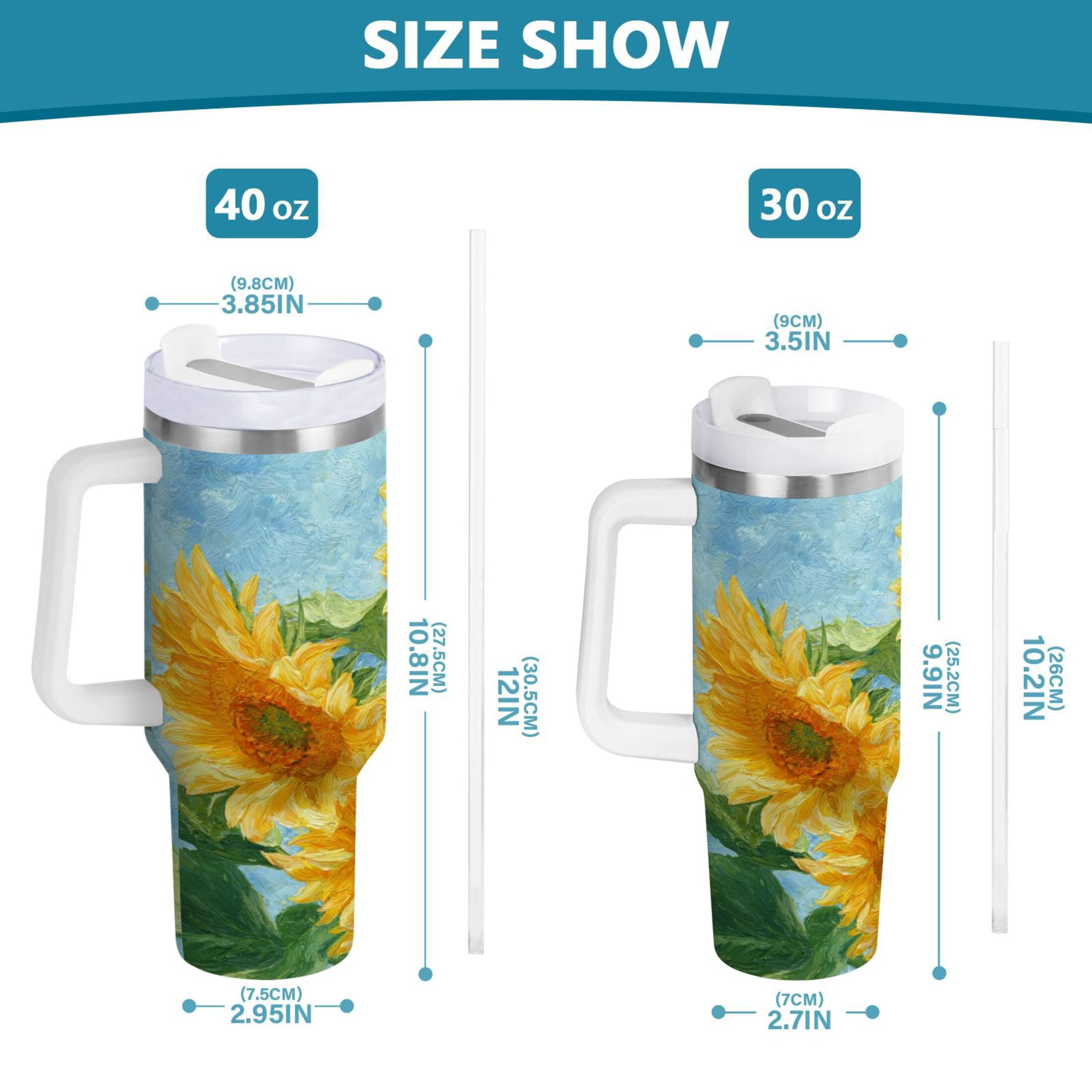 40 oz Insulated Stainless Steel Tumbler Double Wall Stainless Steel Tumbler with 2-Way Drinking Sunflower Oil Painting - HCFZ