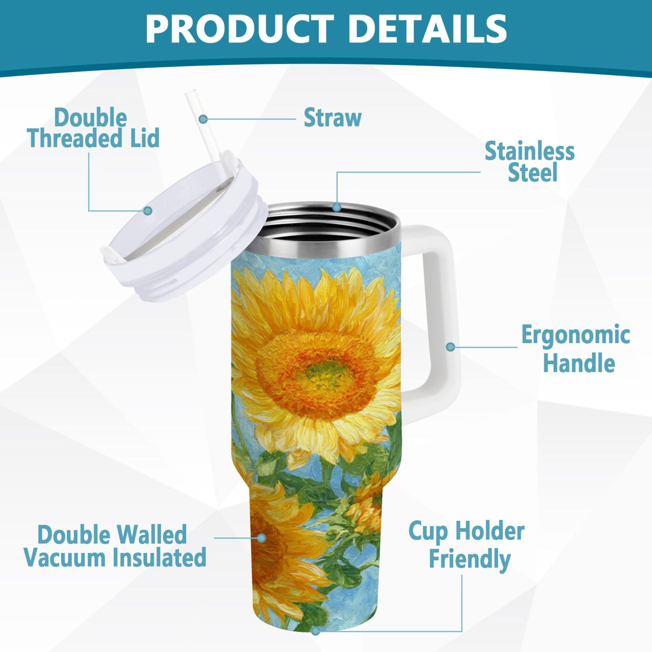 40 oz Insulated Stainless Steel Tumbler Double Wall Stainless Steel Tumbler with 2-Way Drinking Sunflower Oil Painting - HCFZ