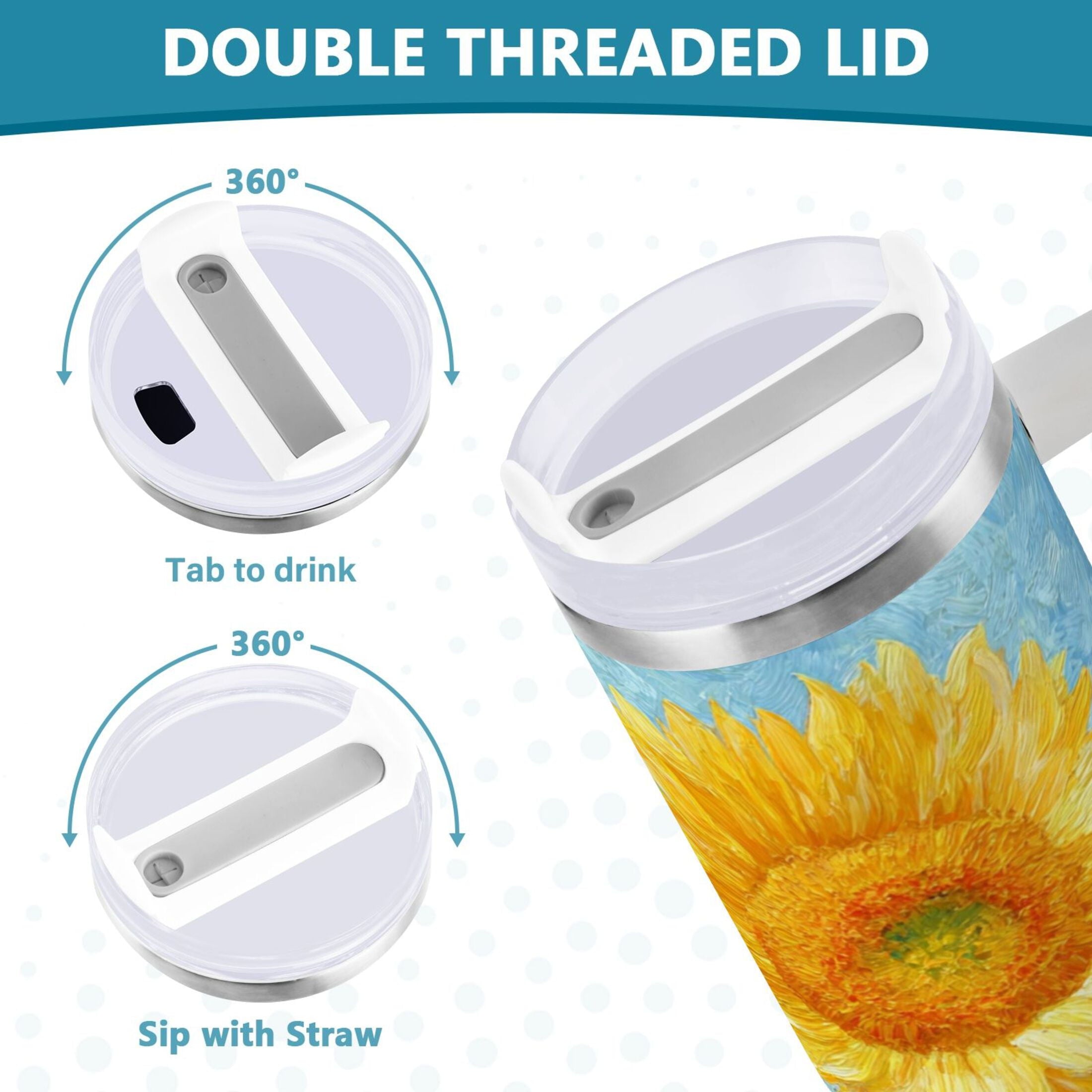 40 oz Insulated Stainless Steel Tumbler Double Wall Stainless Steel Tumbler with 2-Way Drinking Sunflower Oil Painting - HCFZ