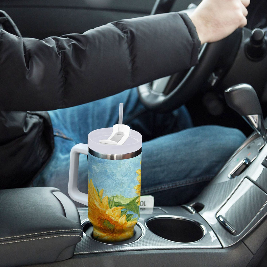 40 oz Insulated Stainless Steel Tumbler Double Wall Stainless Steel Tumbler with 2-Way Drinking Sunflower Oil Painting - HCFZ