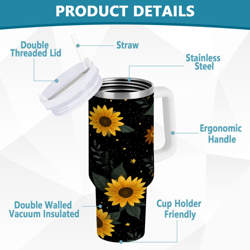 30 oz Insulated Stainless Steel Tumbler Double Wall Stainless Steel Tumbler with 2-Way Drinking Yellow Sunflower Pattern - SSJR
