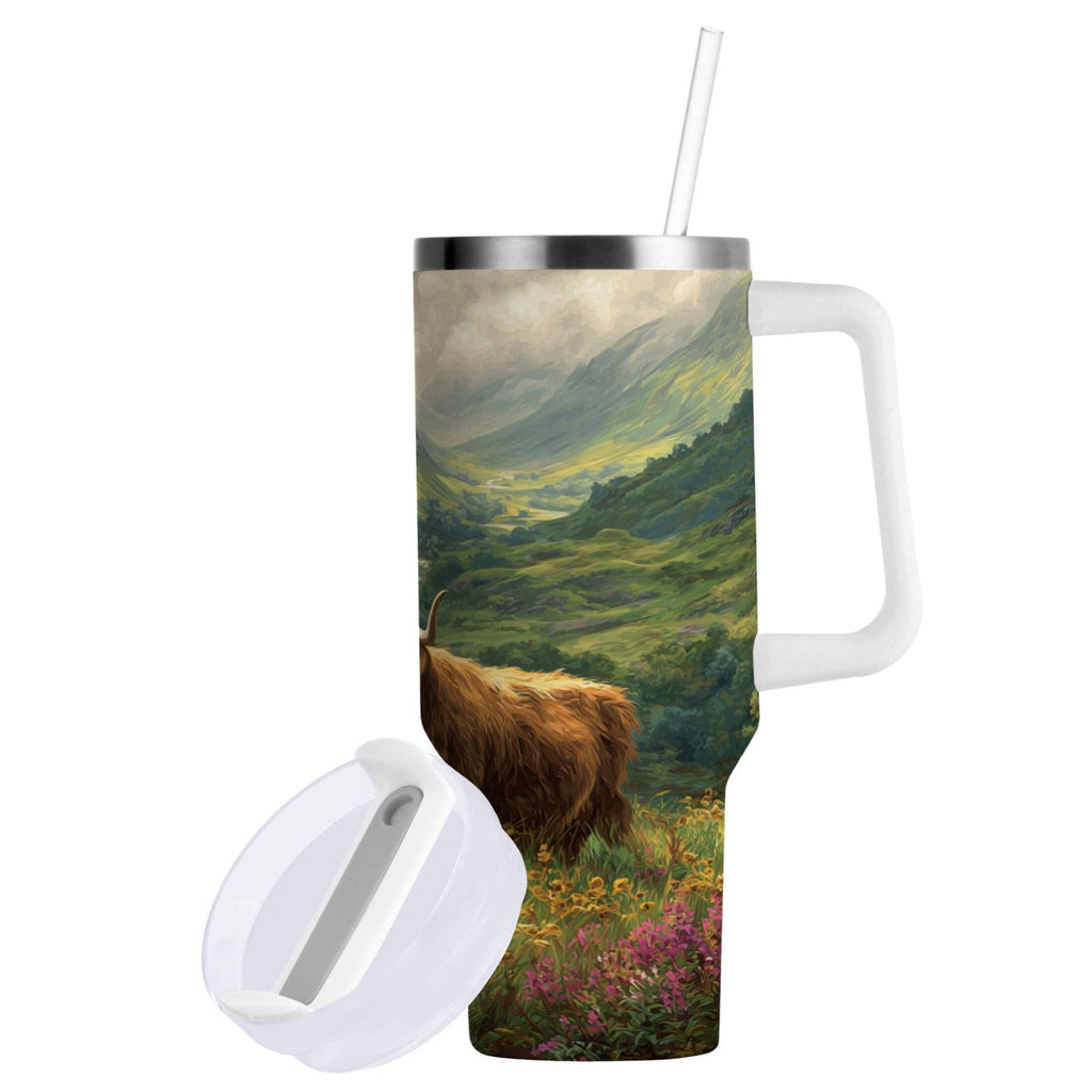 30 oz Insulated Stainless Steel Tumbler Double Wall Stainless Steel Tumbler with 2-Way Drinking Cow in Green Rolling Hills - PQ9H