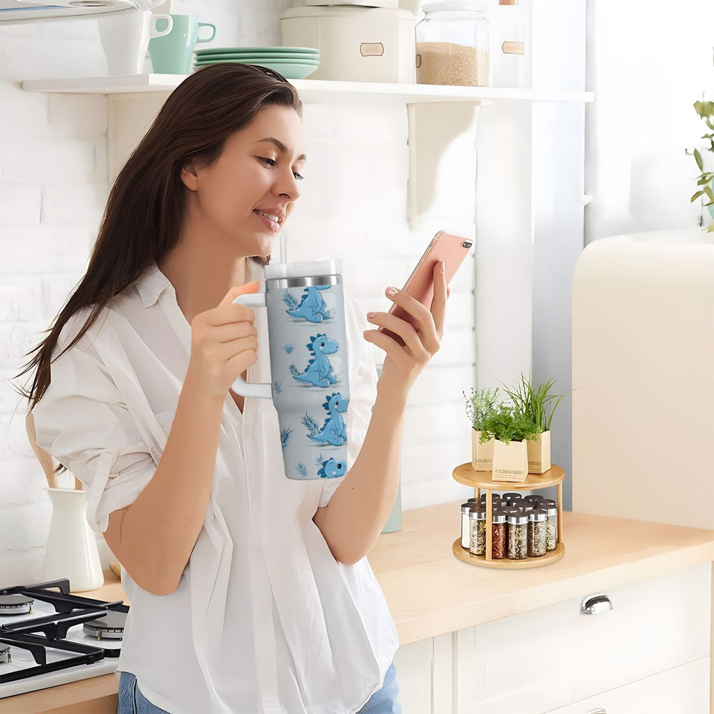 30 oz Insulated Stainless Steel Tumbler Double Wall Stainless Steel Tumbler with 2-Way Drinking Cartoon Blue Dinosaurs - LJEG