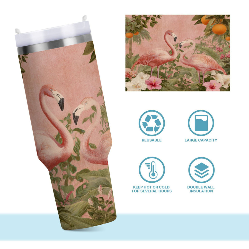 40 oz Insulated Stainless Steel Tumbler Double Wall Stainless Steel Tumbler with 2-Way Drinking Flamingos in Tropical Garden - D7RC