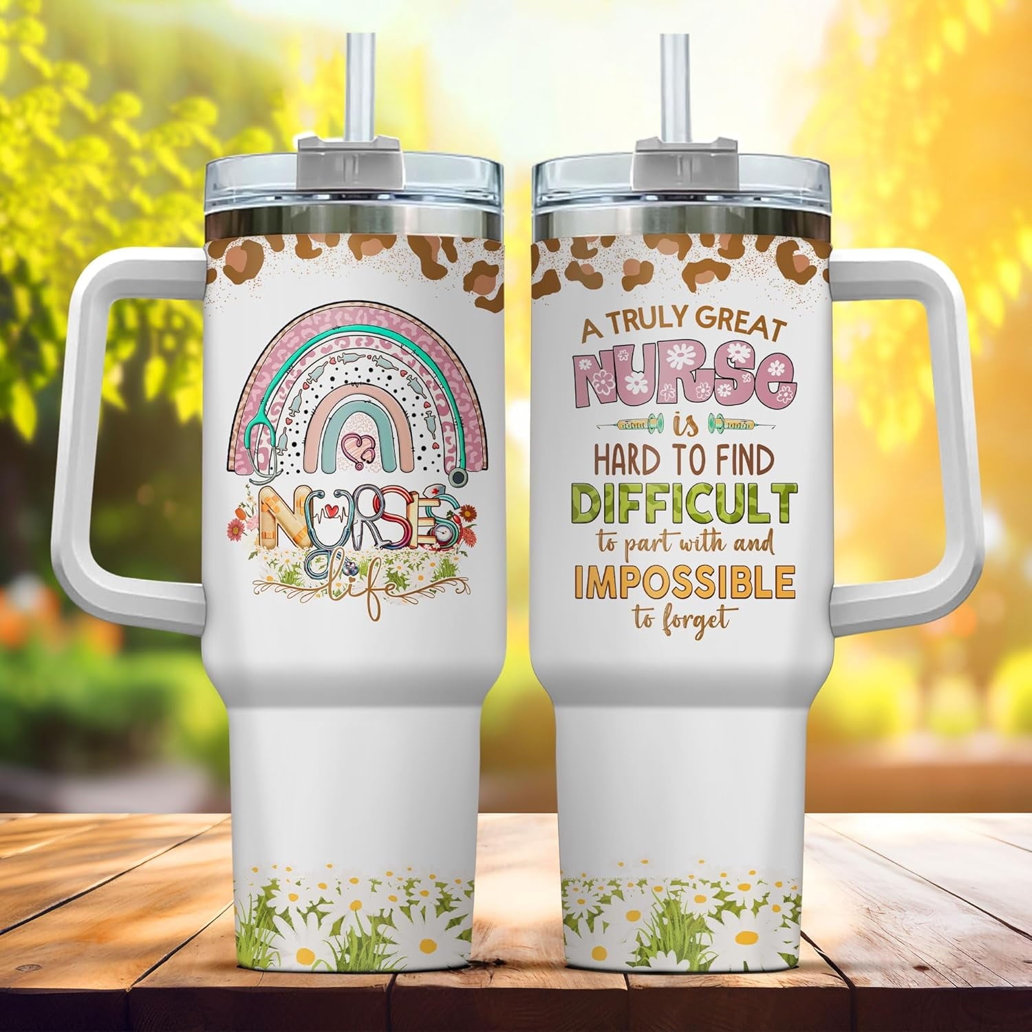 Tumbler 40 Oz With Handle Lid And Straw, Nurse Gifts, Black Camo White Engraved Print Travel Nurses Tumblers Handle Funny Cups Nursing For, Great Nurse Rainbow Daisy Flower - 2XKU